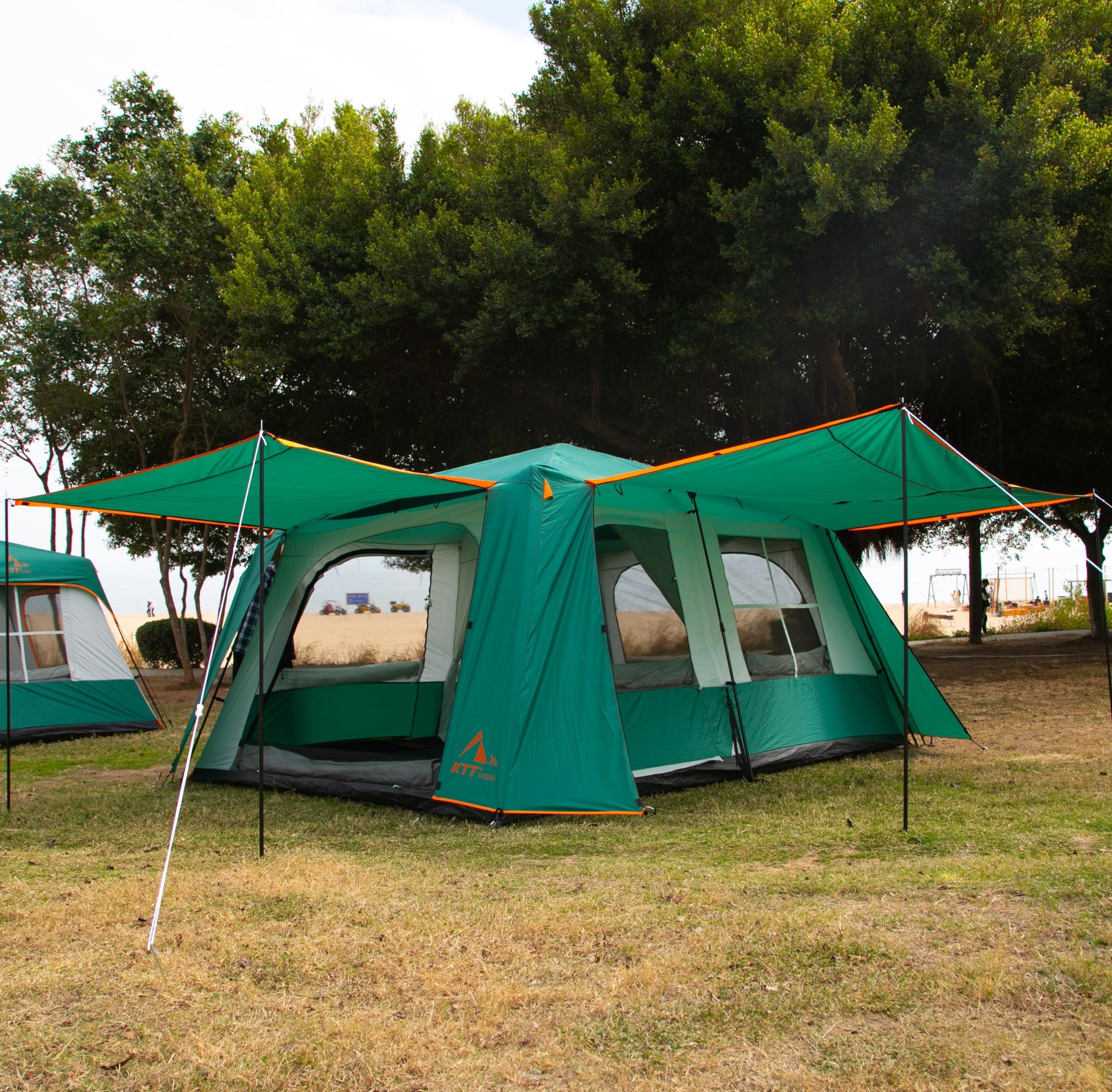 KTT Extra Large Family Cabin Tent for 10-14 People - 2 Rooms, 3 Doors & 3 Windows with Mesh, Straight Wall Design, Waterproof Double Layer - Perfect for Outdoor Camping, Picnics, Family Gatherings & Backyard Adventures
