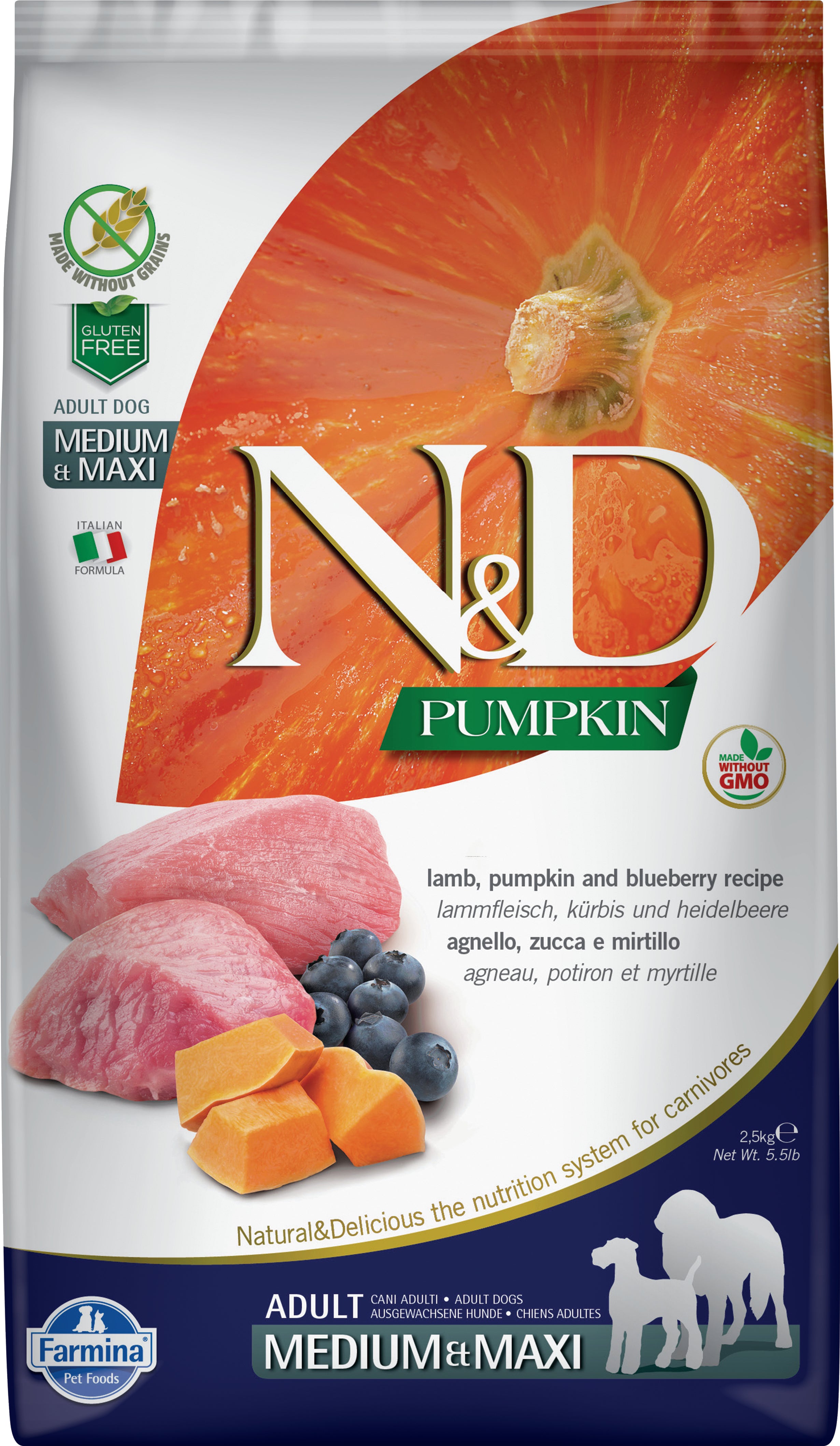 Farmina N&D Grain-Free Dry Dog Food with Pumpkin & Lamb - Medium/Large Breed Formula for Digestive Health & Skin Care | Perfect for Adult Dogs with Sensitive Stomachs