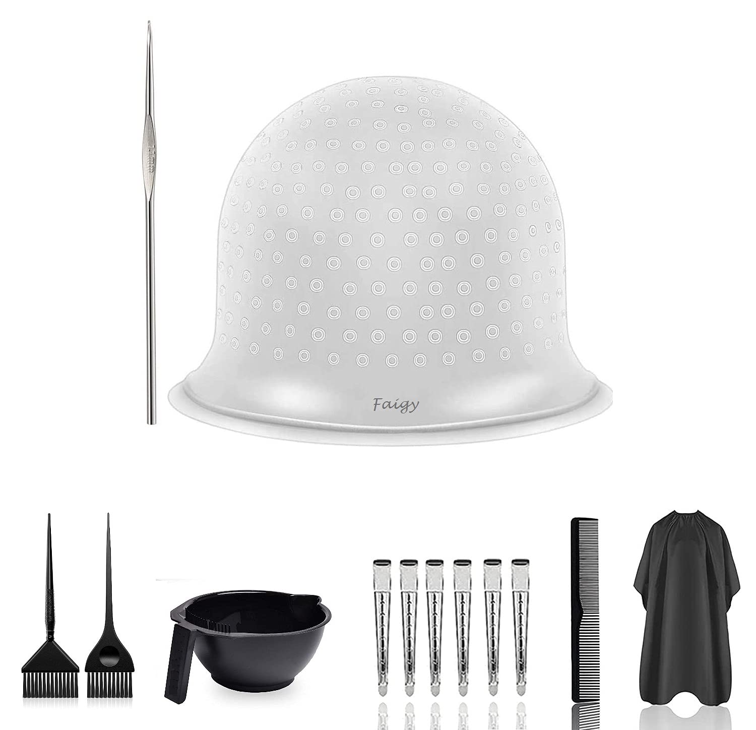 Professional Reusable Silicone Hair Dye Cap with Highlighting Tools - Includes 6 Steel Duck Bill Clips, Coloring Brush, Black Apron & Barber Comb for Salon & Home Hair Coloring (Black) | Perfect for DIY Highlights, Balayage & Professional Hair Styling