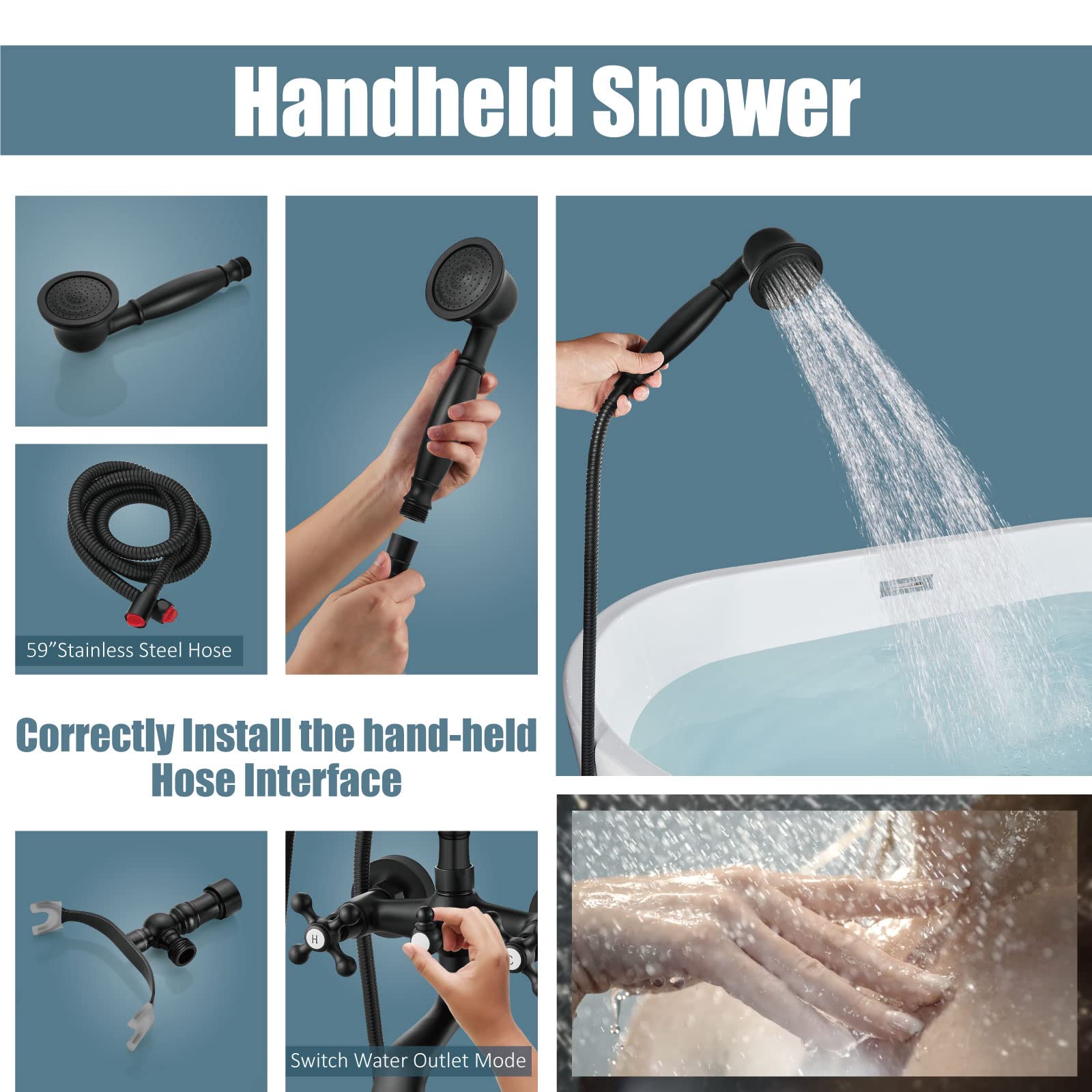 Aolemi Matte Black Wall Mount Bathtub Faucet with Hand Shower Sprayer - Vintage Double Cross Handle Mixer Tap - Perfect for Bathroom Renovation & Spa-Like Shower Experience