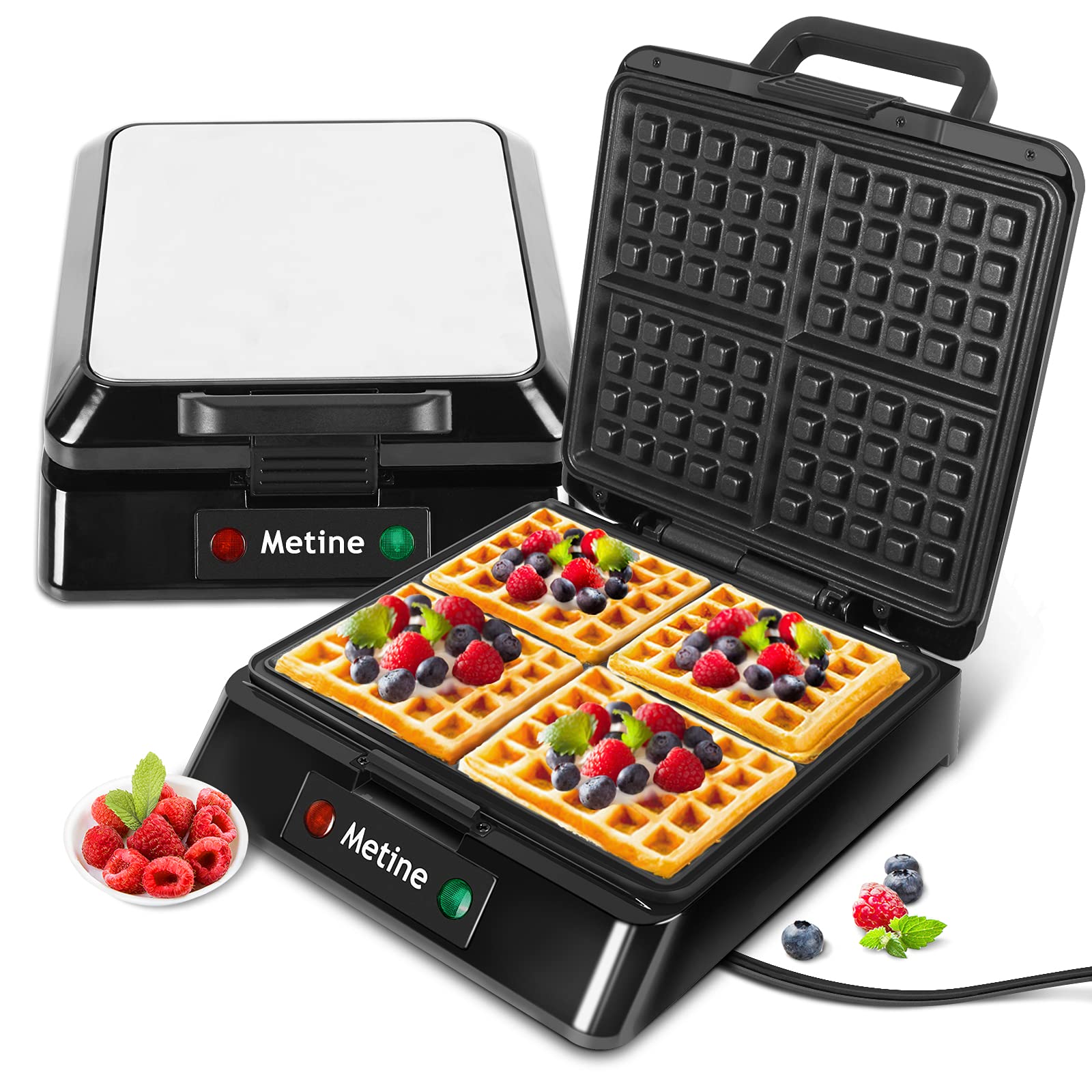 Metine Non-Stick Waffle Maker - Large Square Deep Grid Iron for 4 Slice Waffles - Perfect for Breakfast, Brunch & Family Gatherings