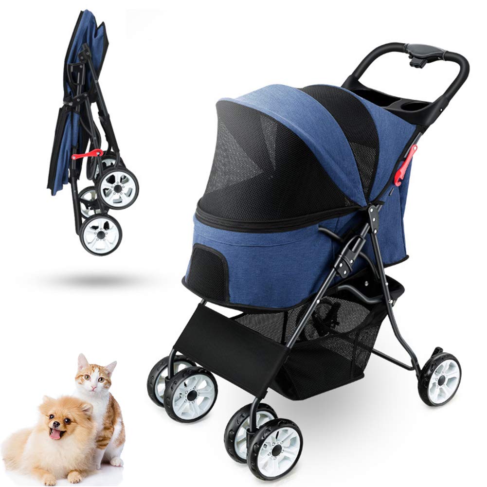 CQLXZ 4-Wheel Shockproof Pet Stroller for Dogs & Cats - One-Click Folding Lightweight Pet Buggy Carrier - Travel-Friendly Design in Blue | Perfect for Outdoor Walks, Shopping & Vet Visits