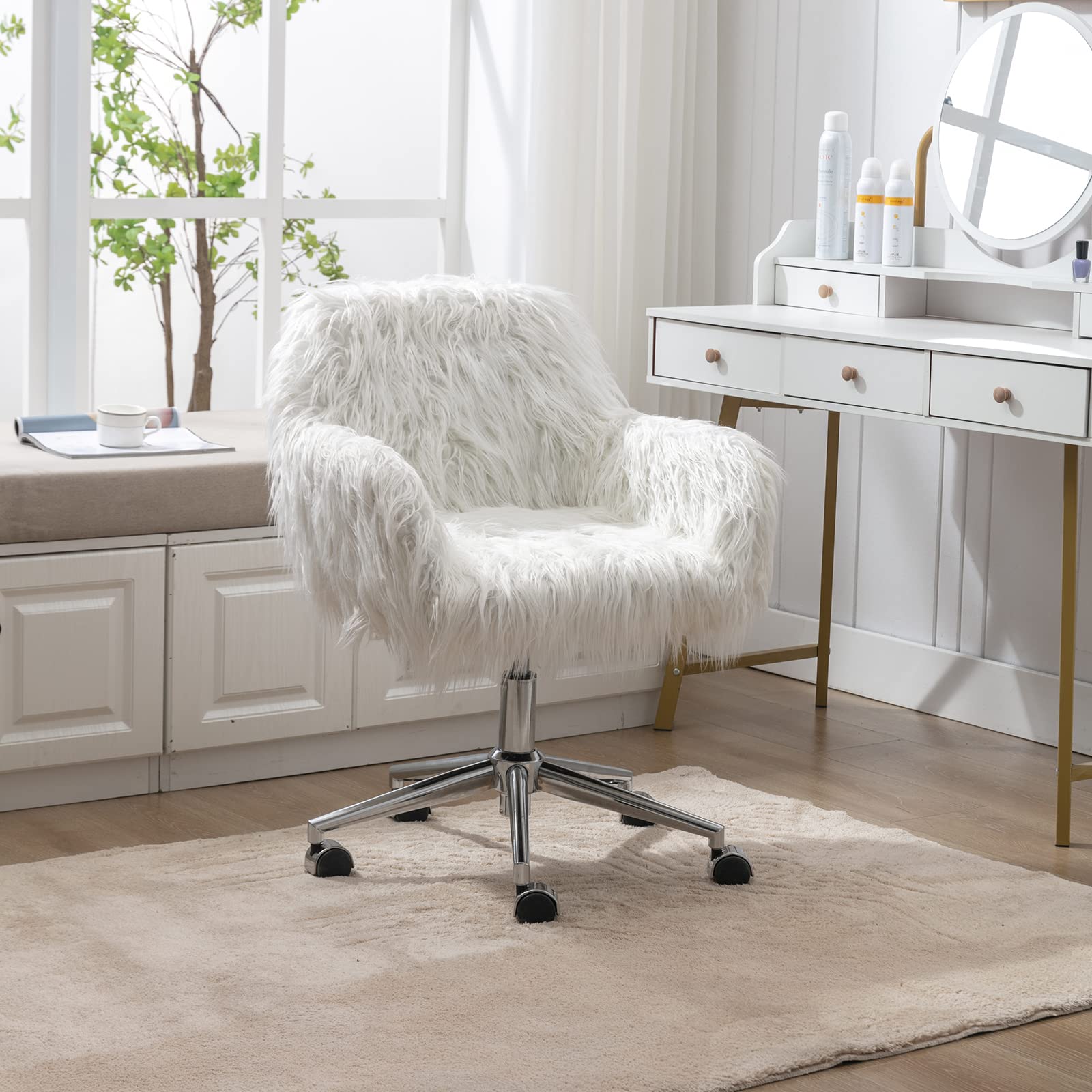 White Faux Fur Desk Chair with Wheels - Modern Adjustable Swivel Vanity Chair for Women & Girls, Ergonomic Office Task Chair with Arms - Perfect for Home Office, Bedroom, and Makeup Station (White)