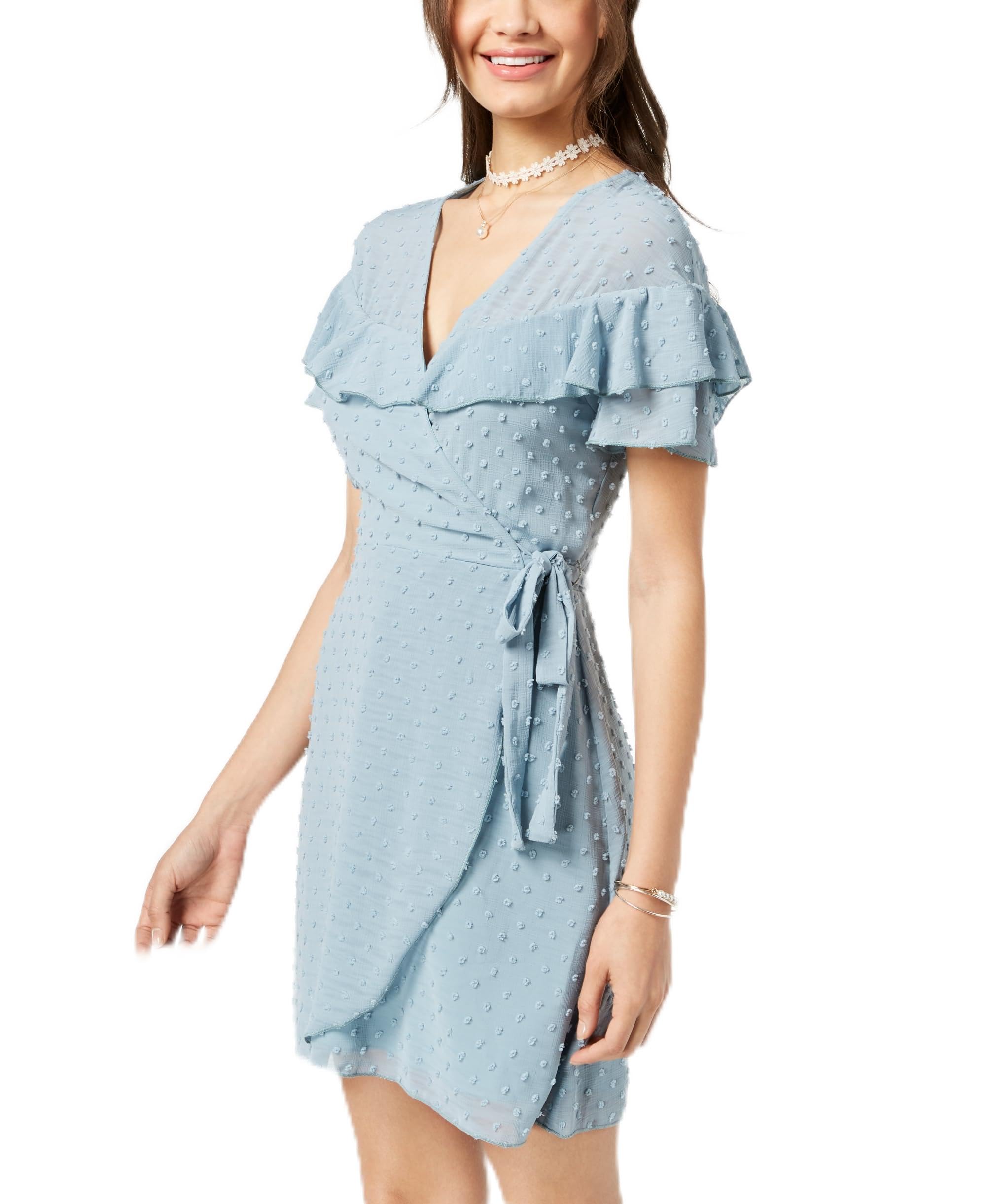 Junior's Ruffled Clip Dot Faux Wrap Dress - Blue Size 7 | Flirty Summer Outfit for Parties, Dates & Beach Vacations