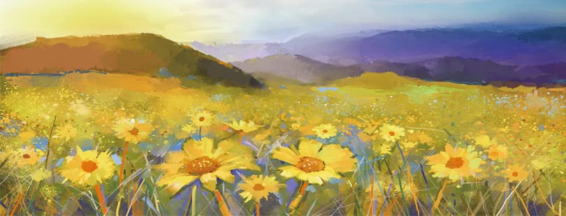 Sunset Landscape with Golden Daisy Field