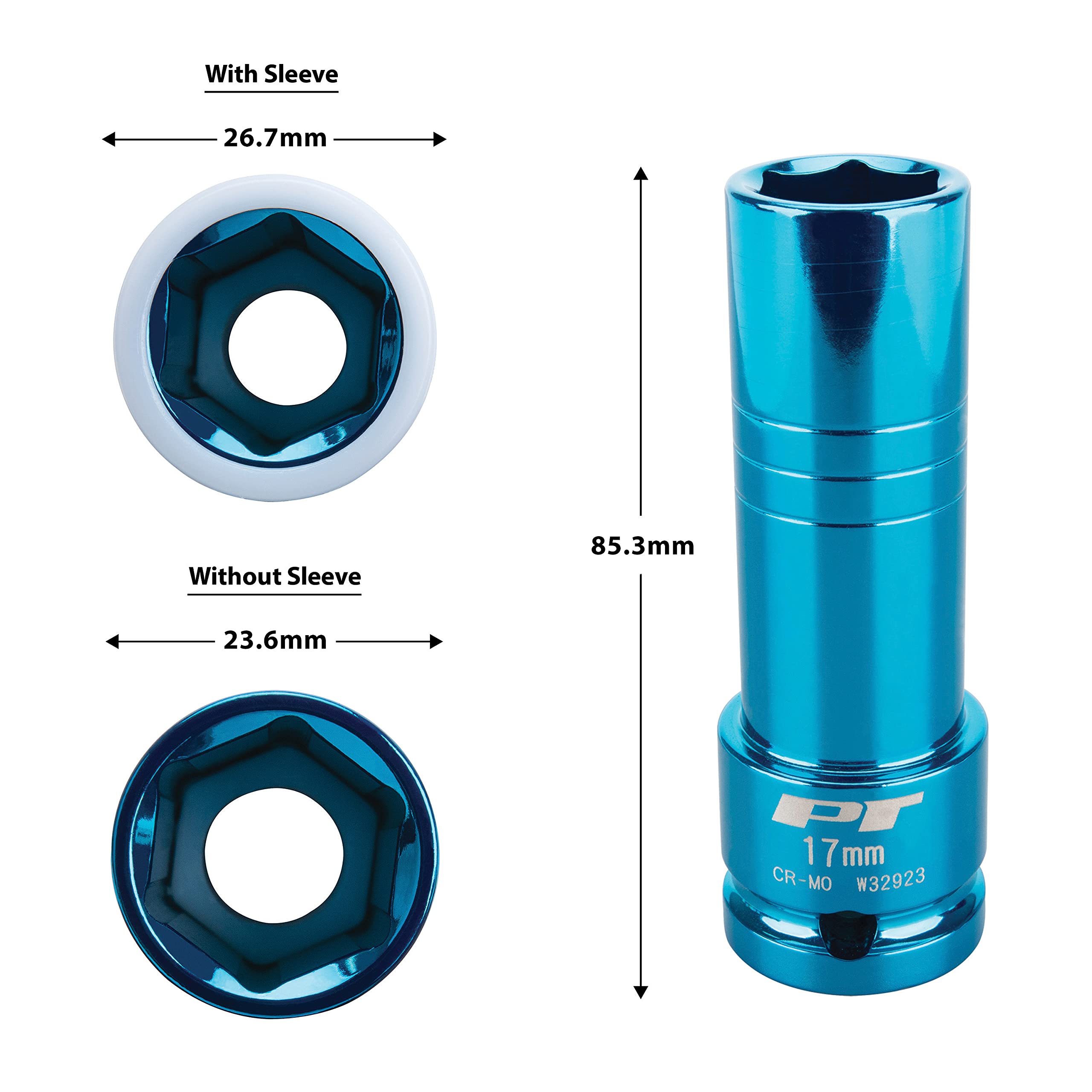 Performance Tool W32923 1/2-Inch Drive 17mm Thin Wall Impact Socket - Blue - Perfect for Automotive Repairs, Machinery Maintenance & DIY Projects