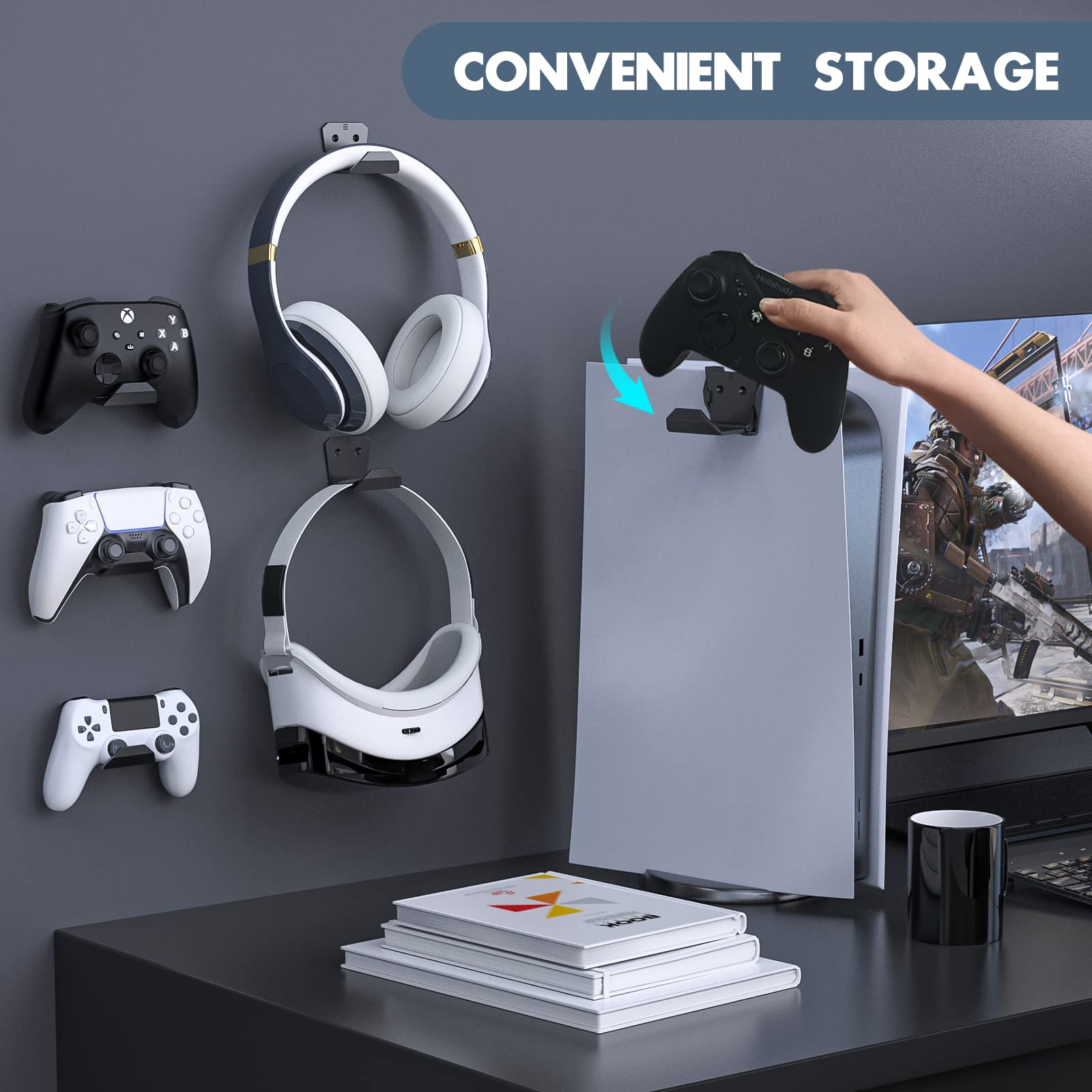 6 Pack Wall Mount Controller & Headphone Holder for PS5, PS4, Xbox & Switch - Adhesive Gaming Accessories Stand with Headset Hook - Perfect for Bedroom, Game Room & Office Organization