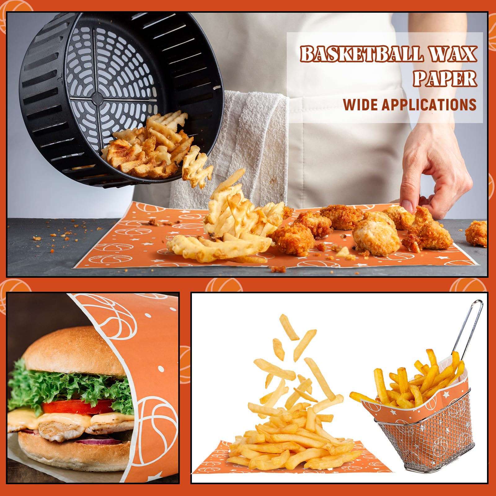 Marsui 100-Pack Basketball Party Supplies - Disposable Paper Food Trays & Wax Paper Sheets for Sports Themed Birthday Parties, Golf, Softball, Soccer & Baseball Events | Perfect for Game Day Snacks, Tailgating & Team Celebrations