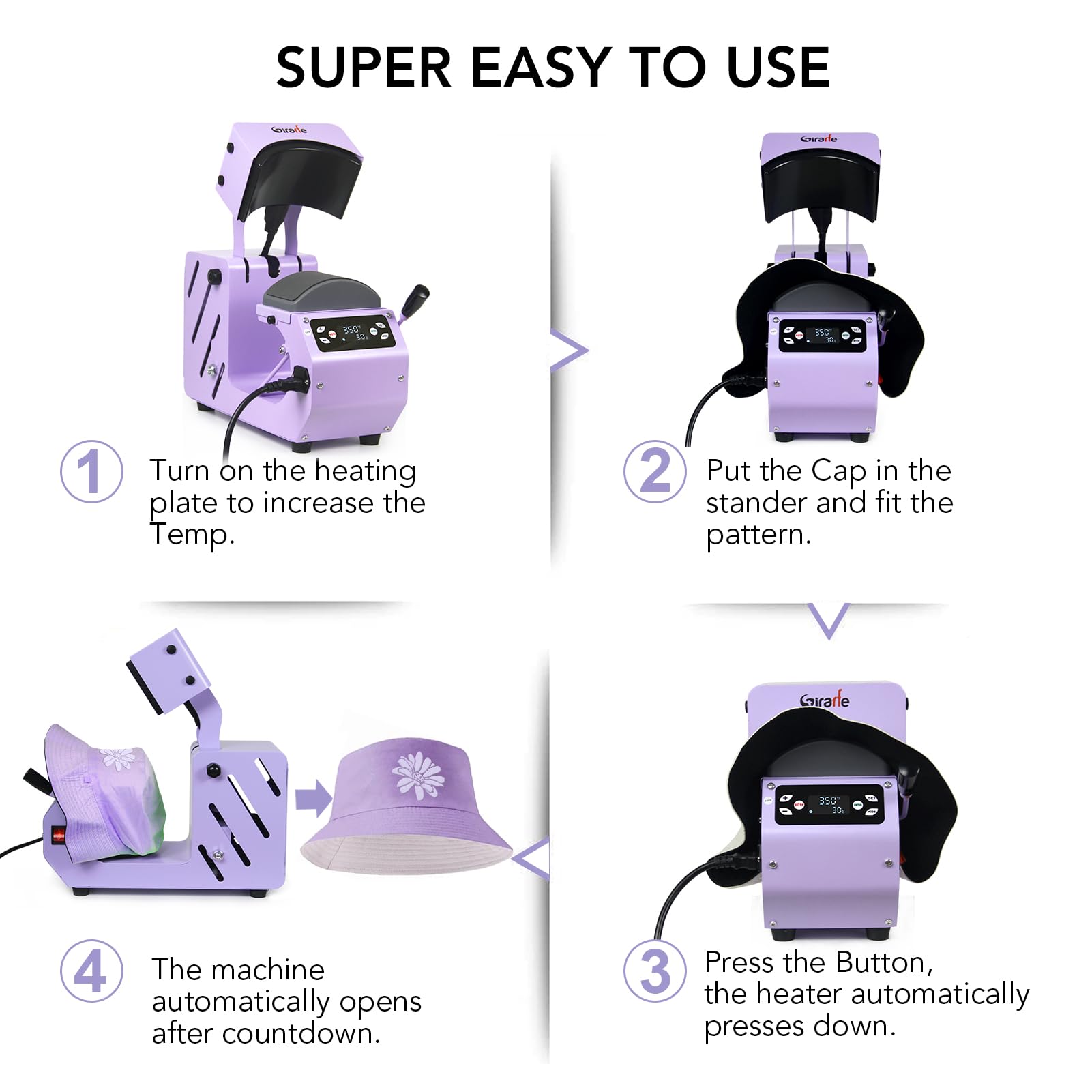Giraffe Auto Hat Heat Press Machine for Caps, Hats, T-Shirts & Bags - Automatic Open/Release with Digital Control Panel - DIY Sublimation Printing for Custom Apparel & Promotional Products (Purple) - Perfect for Small Businesses, Crafters & Home Use