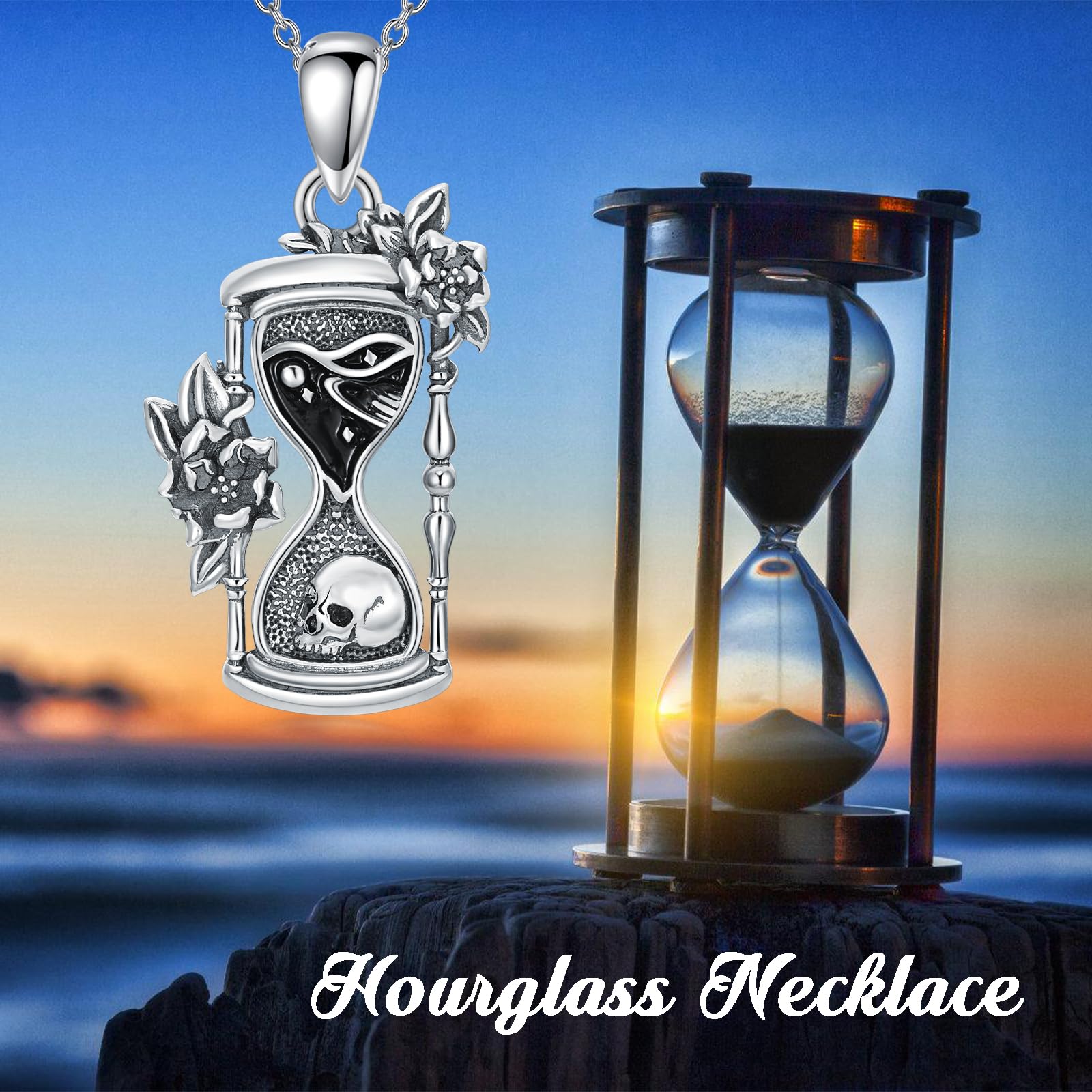 Sterling Silver Memento Mori Necklace with Skull & Hourglass Pendant - Gothic Jewelry for Women, Men | Perfect for Halloween, Dark Aesthetic Fashion & Everyday Wear
