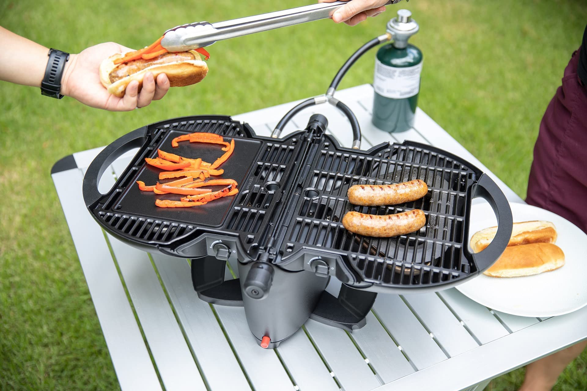 NomadiQ Portable Gas Grill and Griddle Combo with RV Hose - Perfect for Camping, Tailgating, and Outdoor Cooking Adventures