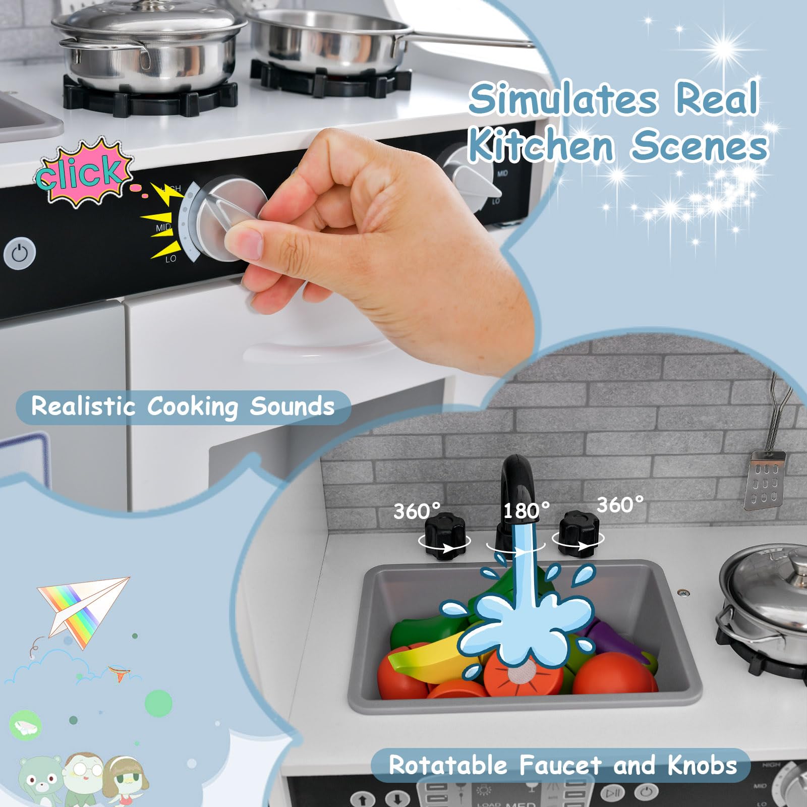HONEY JOY Wooden Kids Kitchen Playset - Pretend Play Toy Kitchen with Chalkboard, Telephone, Utensils, Oven, Microwave & Sink | Educational Toddler Kitchen Set for Boys & Girls | Perfect Gift for Birthday & Christmas | Encourages Imaginative Play & Social Skills