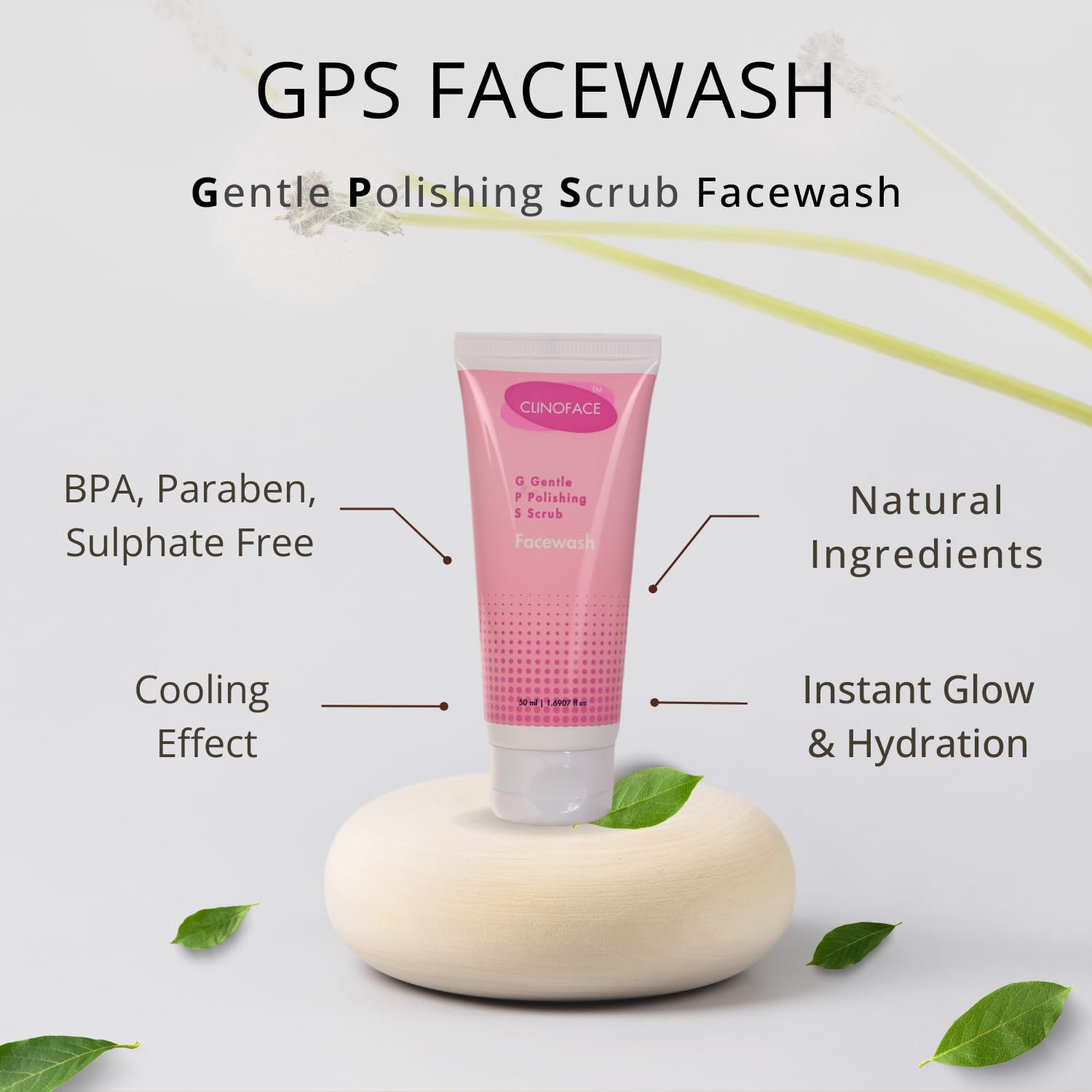 CLINOFACE GPS Gentle Polishing Scrub Face Wash - 3-in-1 Exfoliating Cleanser, Scrub & Mask for Instant Glow & Hydration | Cooling Effect for Men & Women | 50ml | Perfect for Daily Skincare Routine & Post-Workout Refreshment