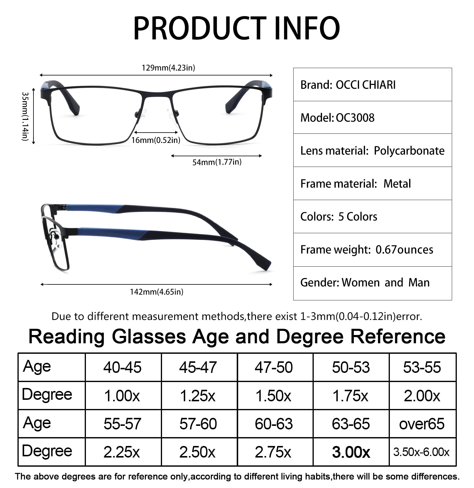 OCCI CHIARI Blue Light Blocking Computer Reading Glasses for Men - Anti-Eye Strain, 1.0 Magnification, Black Blue Frame - Perfect for Office Work, Gaming & Screen Time