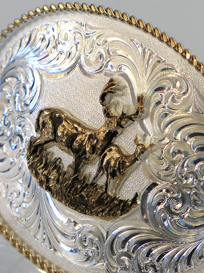 Montana Silversmiths 1340 977L Gold Rope Trimmed Buck and Doe Engraved Belt Buckle - Western Style Silver Buckle for Cowboy Boots, Jeans & Rodeo Outfits