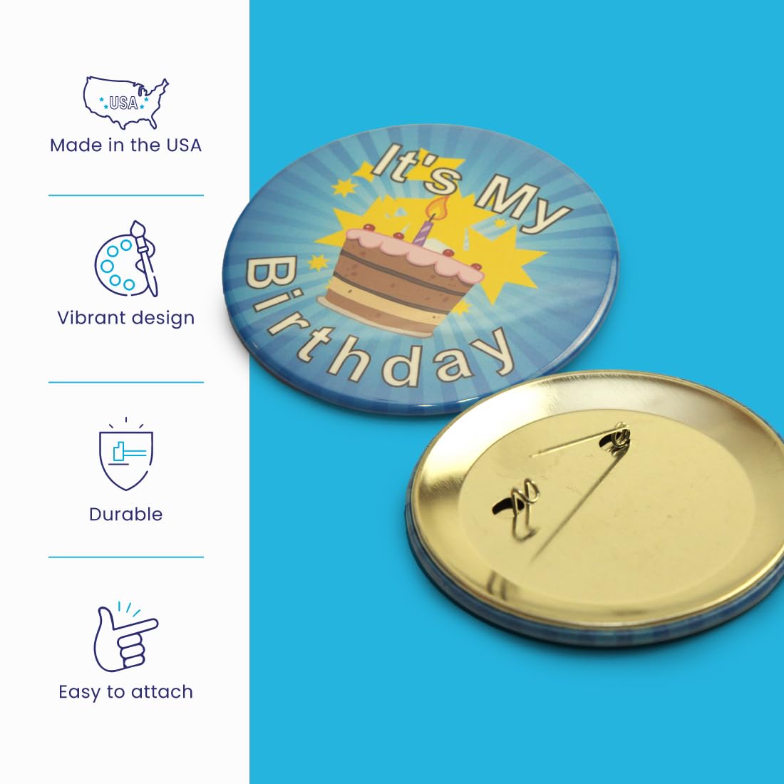 Secure ID Blue 'It's My Birthday' Button Pin - Fun Birthday Badge for Birthday Girl, Boy, Adults & Kids - Perfect for Party Favors, Decorations & Celebrations - Great for Birthdays, Office Parties & Special Events