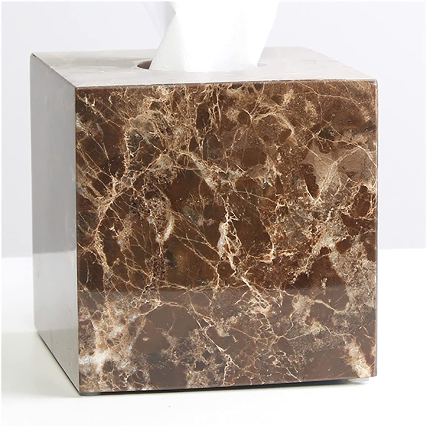Natural Smooth Marble Tissue Box Holder - Multifunctional Square Cube Napkin Dispenser with Removable Bottom | Elegant Bathroom Vanity & Bedroom Dresser Organizer for Tissues, Pumping Paper & Home Decor (Brown)