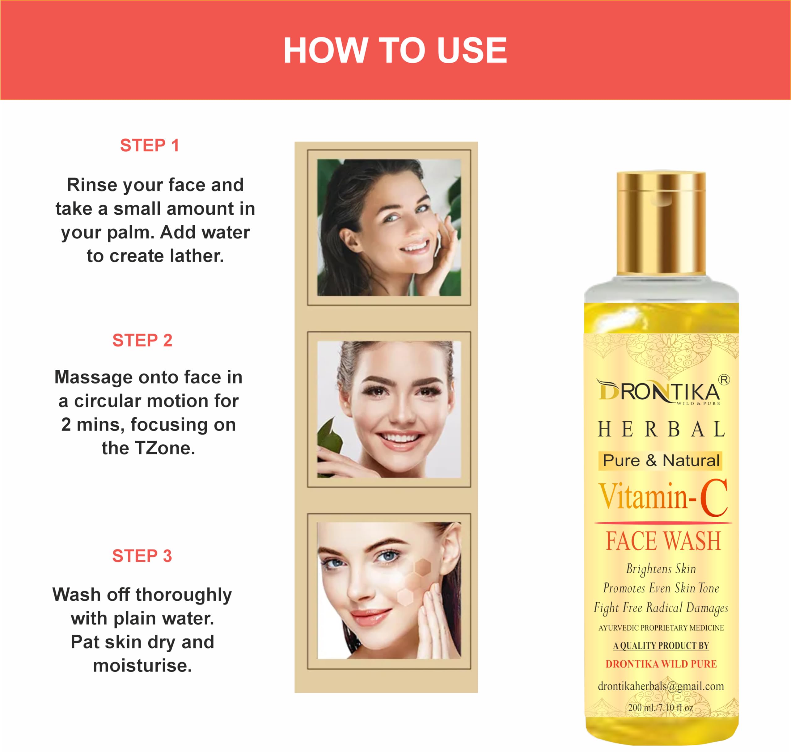 Drontika Natural Vitamin-C Face Wash with Honey, Aloe Vera & Sandalwood - Oil Control, Acne Treatment & Glowing Skin for Men & Women - Paraben, Sulfate, Silicone & Color Free - 200ml - Perfect for Daily Skincare & Acne-Prone Skin