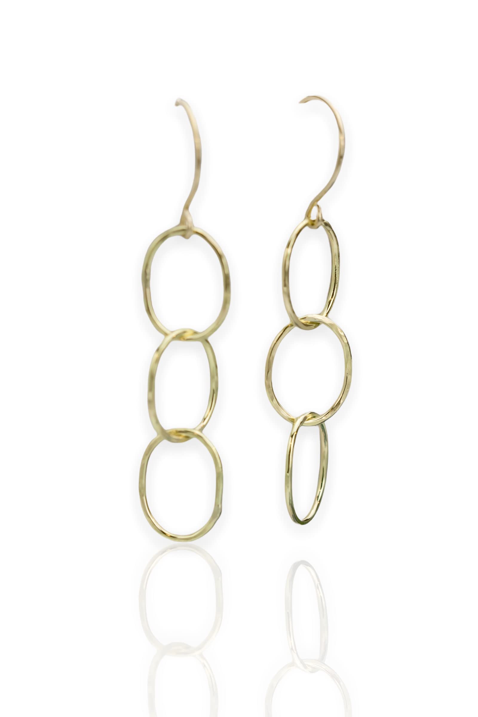 18K Solid Yellow Gold Hammered Triple Hoop Dangle Drop Earrings for Women - Perfect for Weddings, Parties & Everyday Elegance