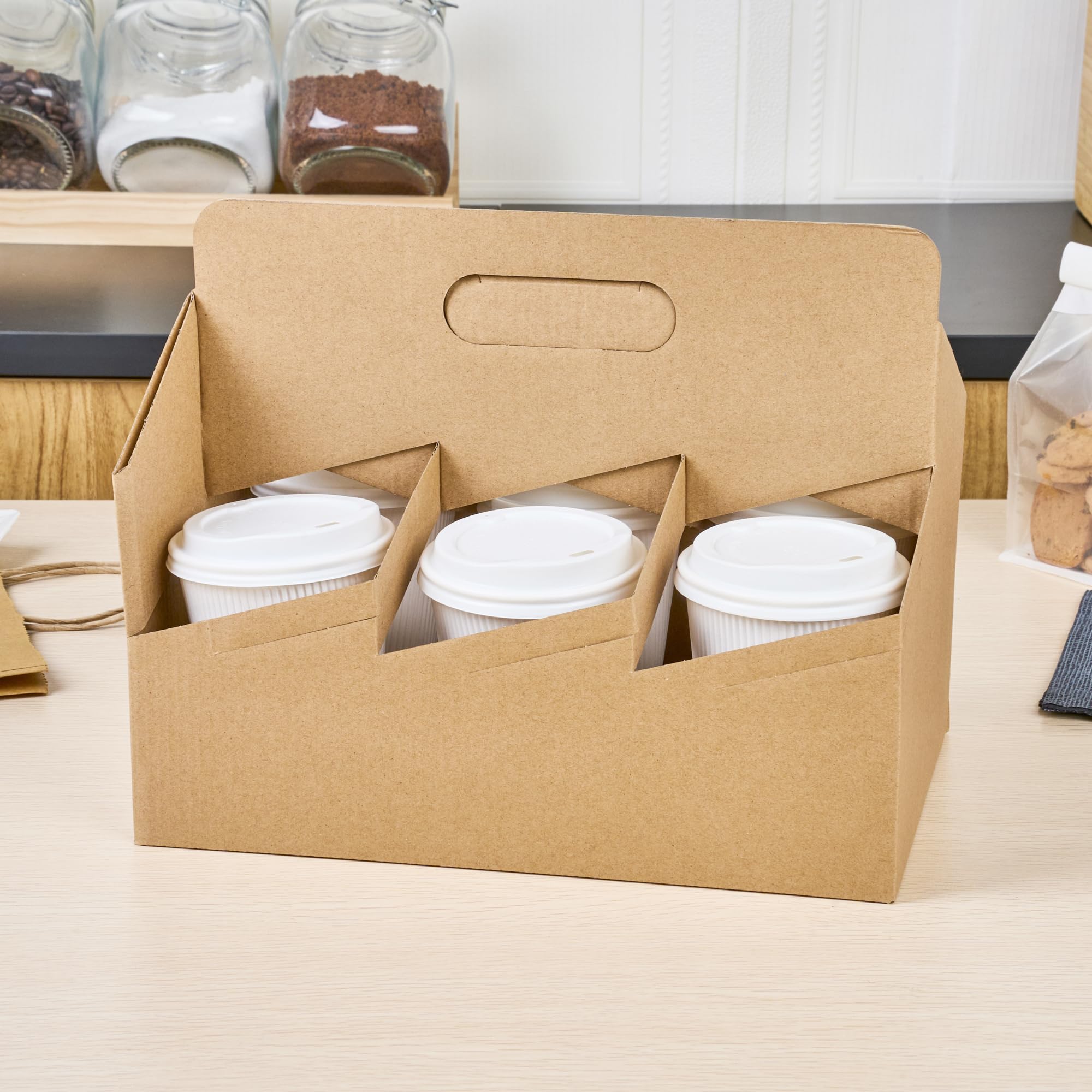 Restaurantware Altalena 100-Pack Disposable Drink Carriers with Handles - Kraft Paper Cup Holders for 6 Beverages | Perfect for Coffee Delivery, Takeout, and Catering Services