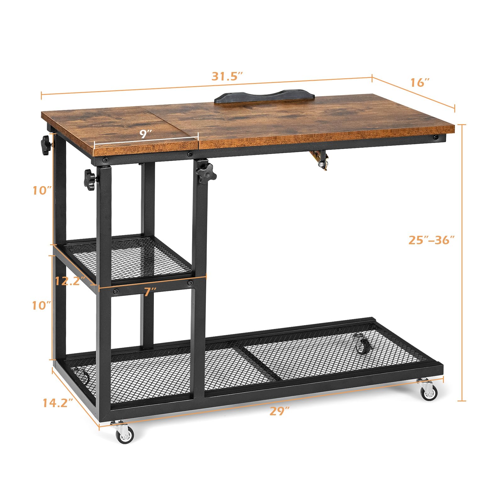 Tangkula Adjustable Height C-Shaped End Table with Lockable Wheels - Mobile Sofa Desk, Tiltable Tabletop, Storage Shelves - Perfect for Living Room, Bedroom, Home Office & Snack Table Use