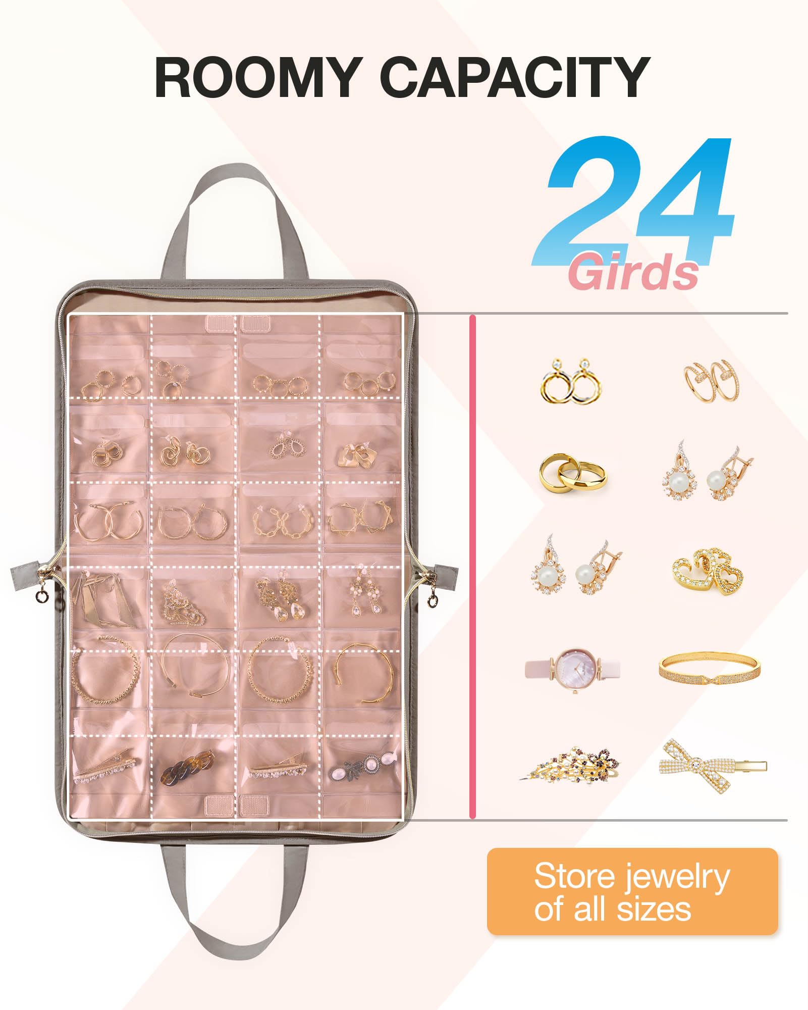 BAGSMART Large Gray Travel Jewelry Organizer Case - Portable Jewelry Roll Bag with Transparent Pockets for Earrings, Rings, Necklaces & Bracelets | Tangle-Free Storage | Foldable Design | Perfect for Travel, Vacation & Daily Organization
