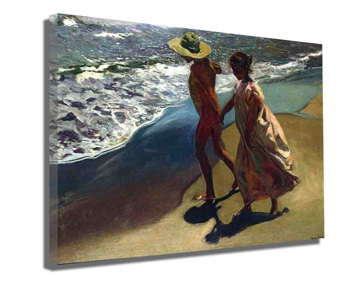 Joaquin Sorolla 'To the Water' Framed Canvas Wall Art - 21x25 Inch Ready to Hang Painting for Living Room, Bedroom & Office Decor - Classic Beach Scene Home Interior Design