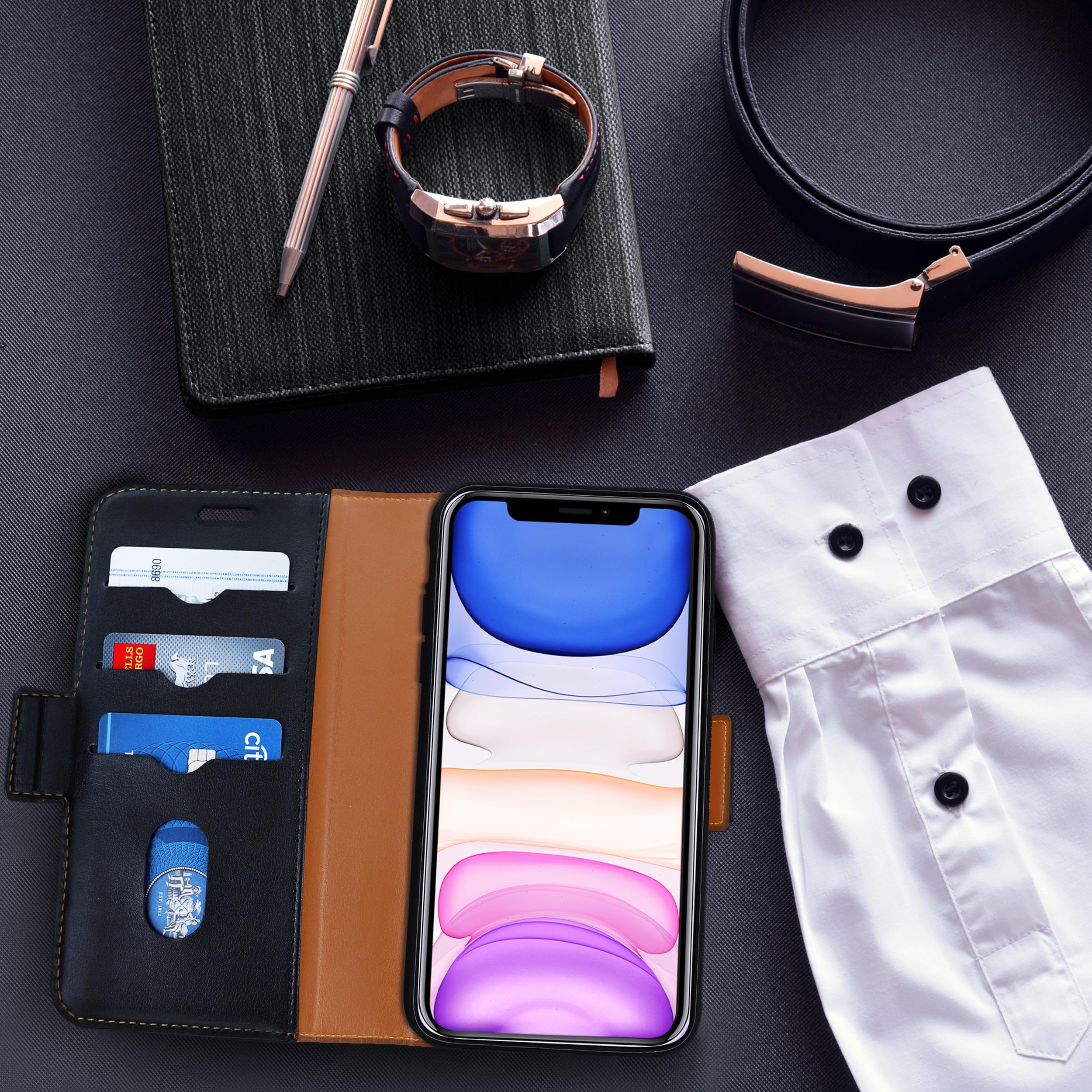 ROOCASE Vegan Leather Flip Wallet Case for iPhone 11 Pro Max (2019) - Detachable Phone Cover with Card Slots & Kickstand | Perfect for Travel, Work & Everyday Use - Black