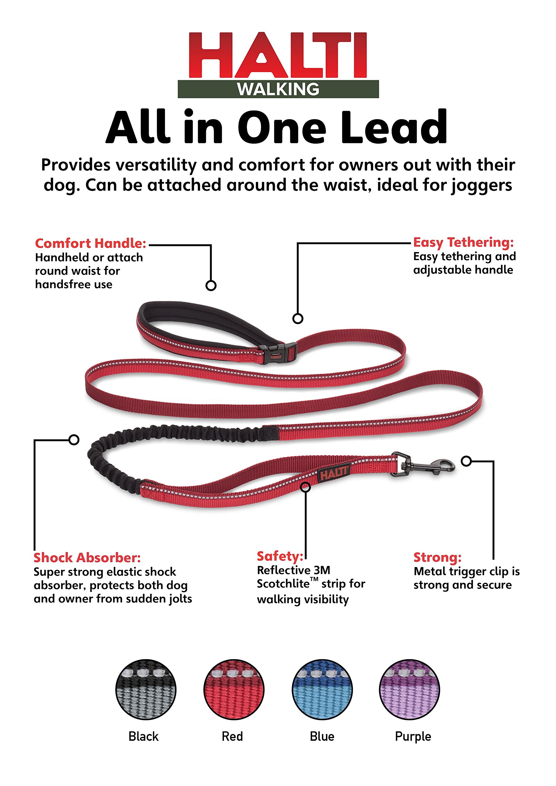 HALTI Active Bungee Dog Leash - Shock Absorbing Neoprene Padded Belt & Lead for Medium & Large Dogs | Award-Winning Hands-Free Running & Training Leash (Large Size, Red) | Perfect for Jogging, Hiking & Outdoor Adventures with Your Pet