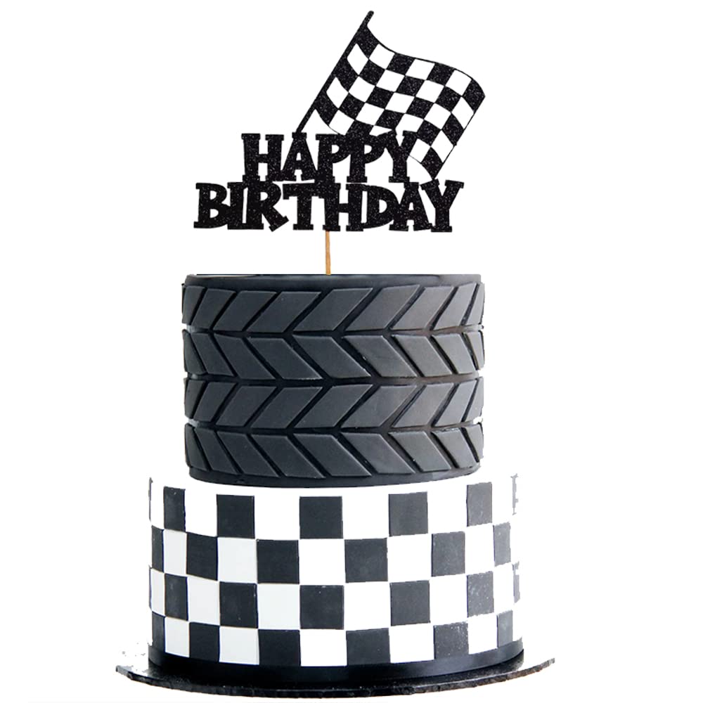 Race Car Cake Topper - Checkered Flag Themed Birthday Cake Decorations for Kids Boys & Girls - Perfect for Racing Themed Birthday Parties, Baby Showers & Special Celebrations