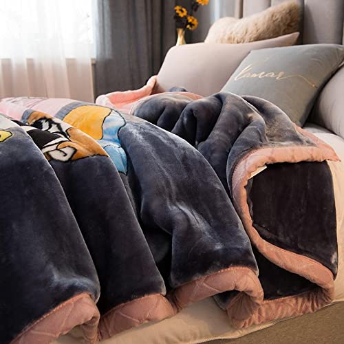 Korean Mink Blanket - Heavy Fleece Reversible Plush Blanket for Couples, 80x90 Inches, Full Size, Pink Cartoon Design - Ultra Soft & Warm for Autumn & Winter - Perfect for Bed, Sofa, and Gift Giving