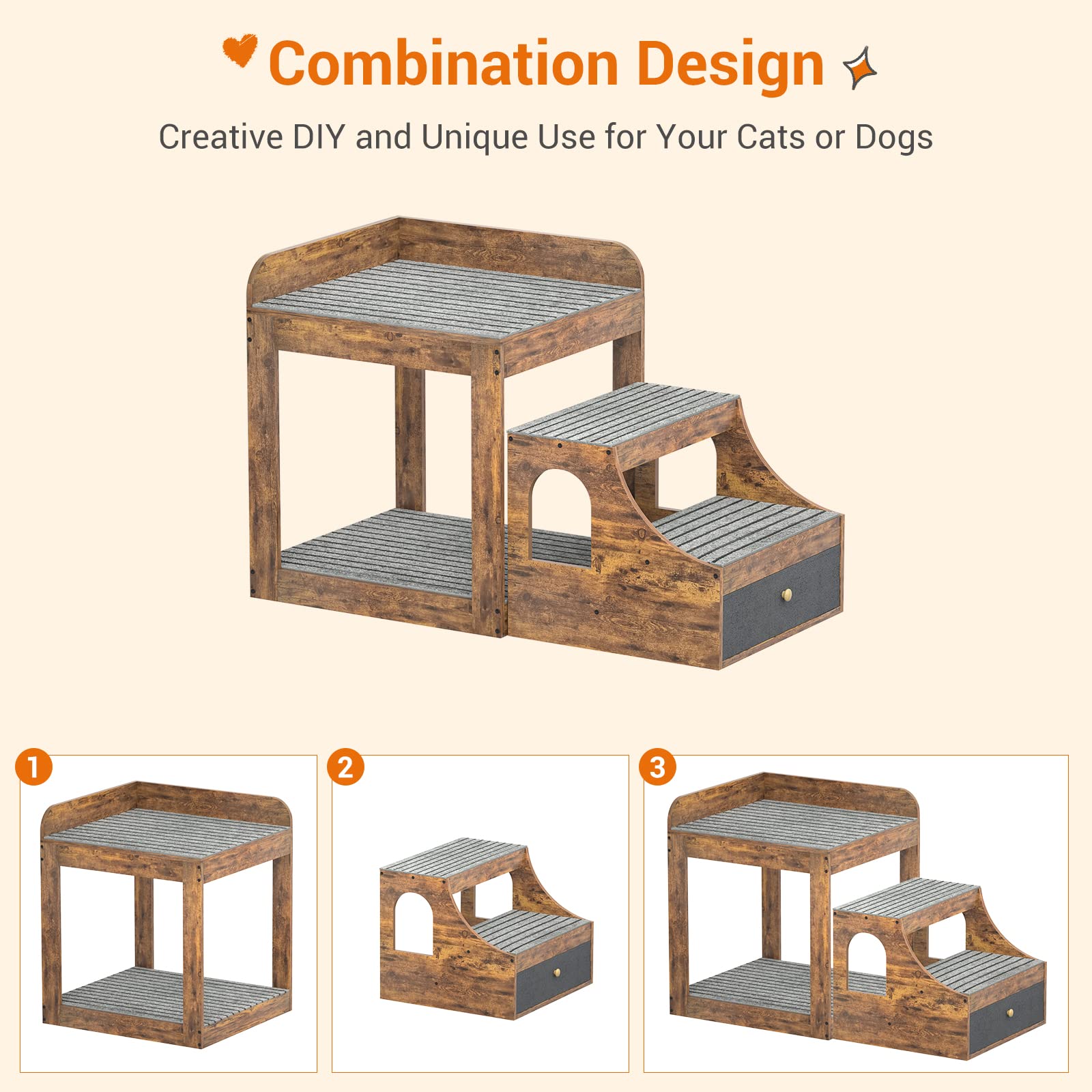 Cyclysio Super Large Pet Window Perch with Stairs - Multi-Level Cat Bunk Bed with Mats & Drawers - Rustic Pet Bed Couch for Cats - Perfect for Bedside, Living Room & Indoor Use - Cozy Spot for Napping, Sunbathing & Watching Birds