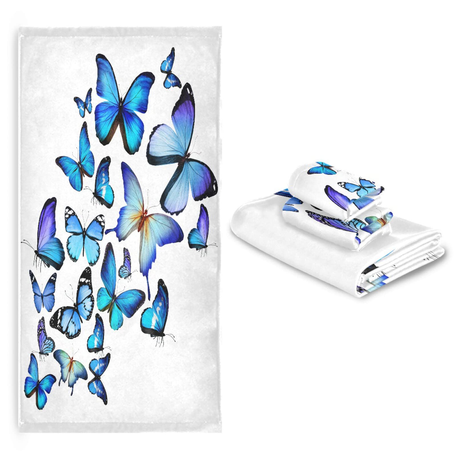 ALAZA Blue Butterflies Bath Towel Set - Luxury 3-Piece Decorative Set (1 Bath Towel, 1 Hand Towel, 1 Washcloth) - Ultra Soft & Absorbent for Bathroom, Hotel, Gym, Yoga & Spa - Perfect for Home Decor, Guest Towels & Self Care