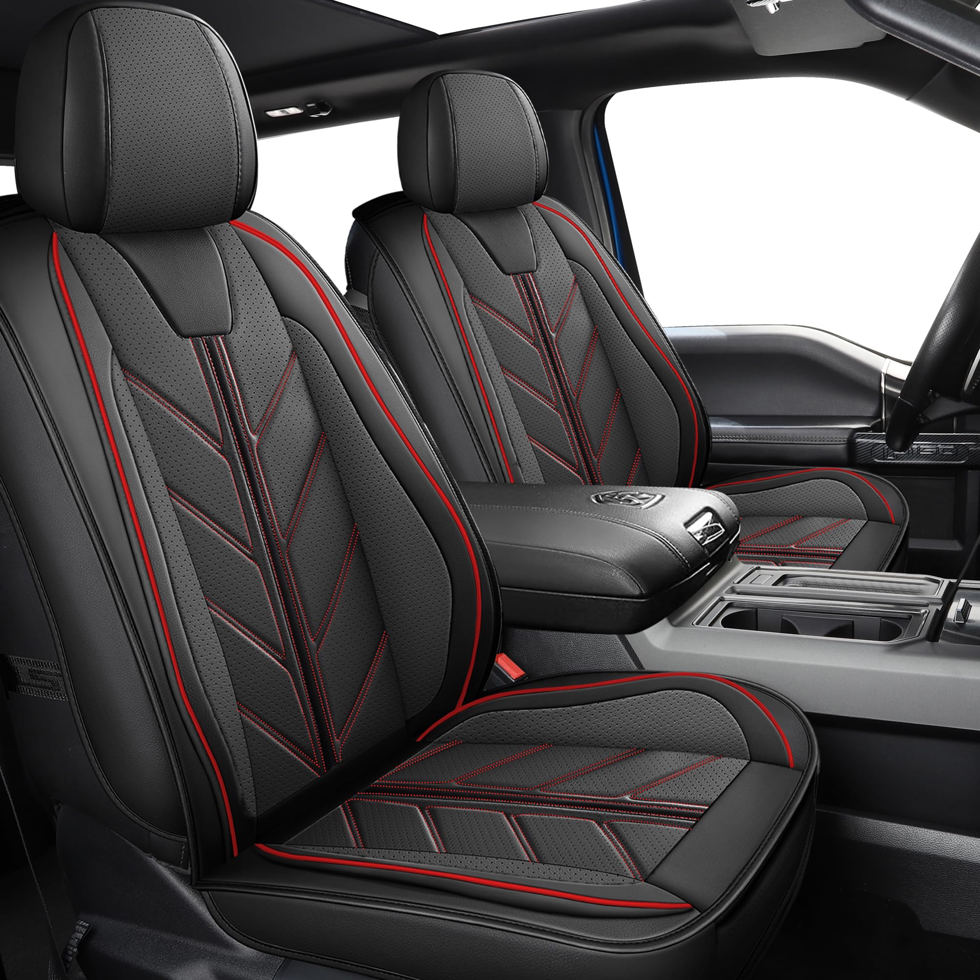 Premium Leather Seat Covers for Dodge Ram 1500/2500/3500 (2009-2024) - Custom Fit for Laramie, Big Horn & Limited Models - Crew Cab & Quad Cab Truck Accessories - Red Line Design - Durable Protection & Comfort Upgrade for Work & Road Trips