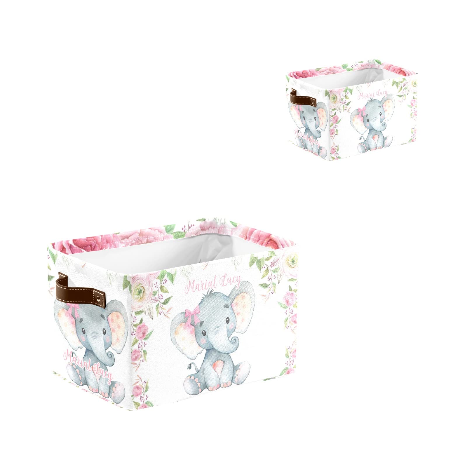 Personalized Pink Roses Elephant Storage Bins - 4 Pack Durable Cube Organizers with Handles for Nursery, Wardrobe, Shelves & Toy Organization | Perfect for Kids' Room Decor & Clutter Control