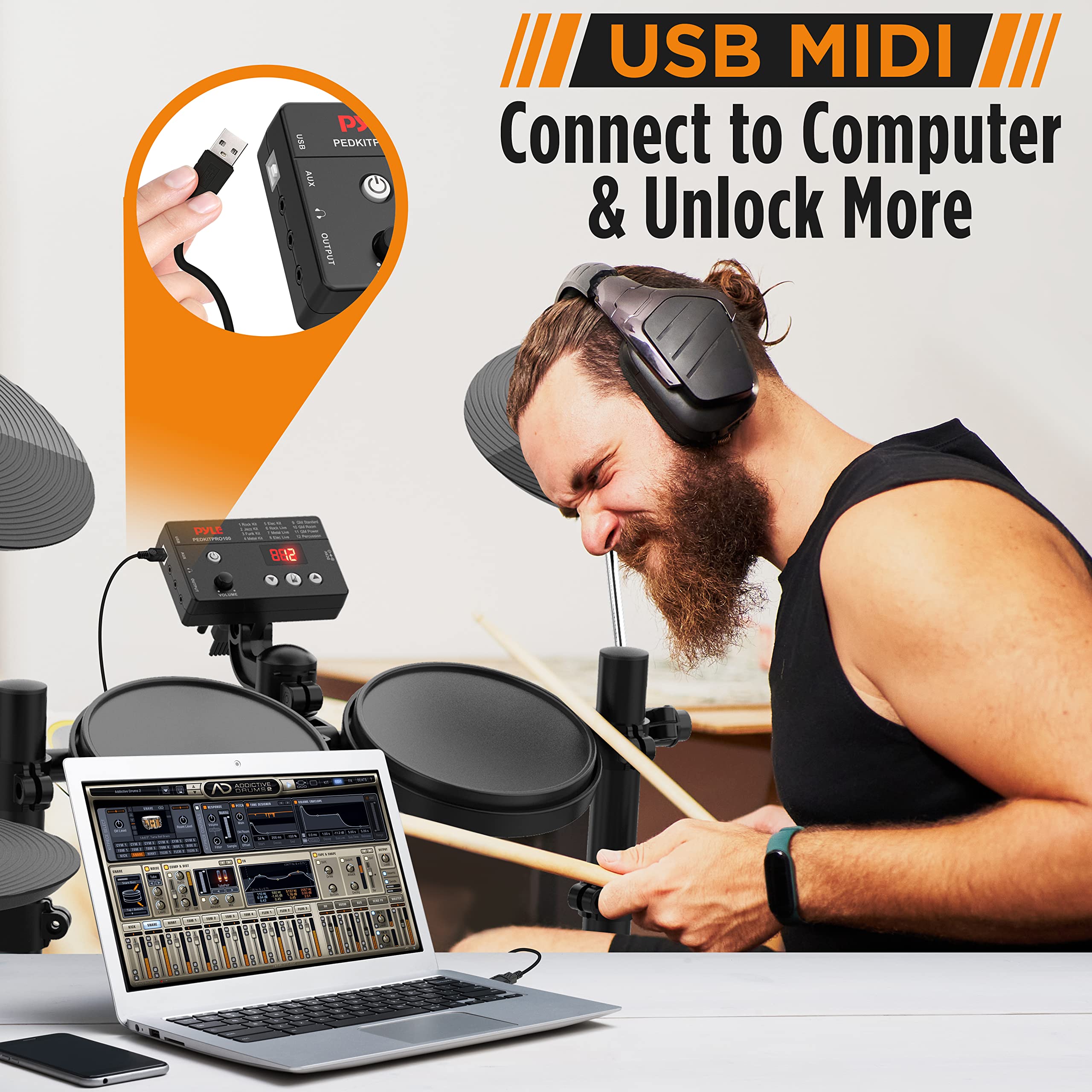 Pyle 7-Piece Electric Drum Kit with MIDI Support, 200+ Preloaded Sounds, Record Mode & Digital Foot Pedal - Professional Electronic Drum Set for Beginners & Musicians - Perfect for Home Practice, Studio Recording & Live Performances