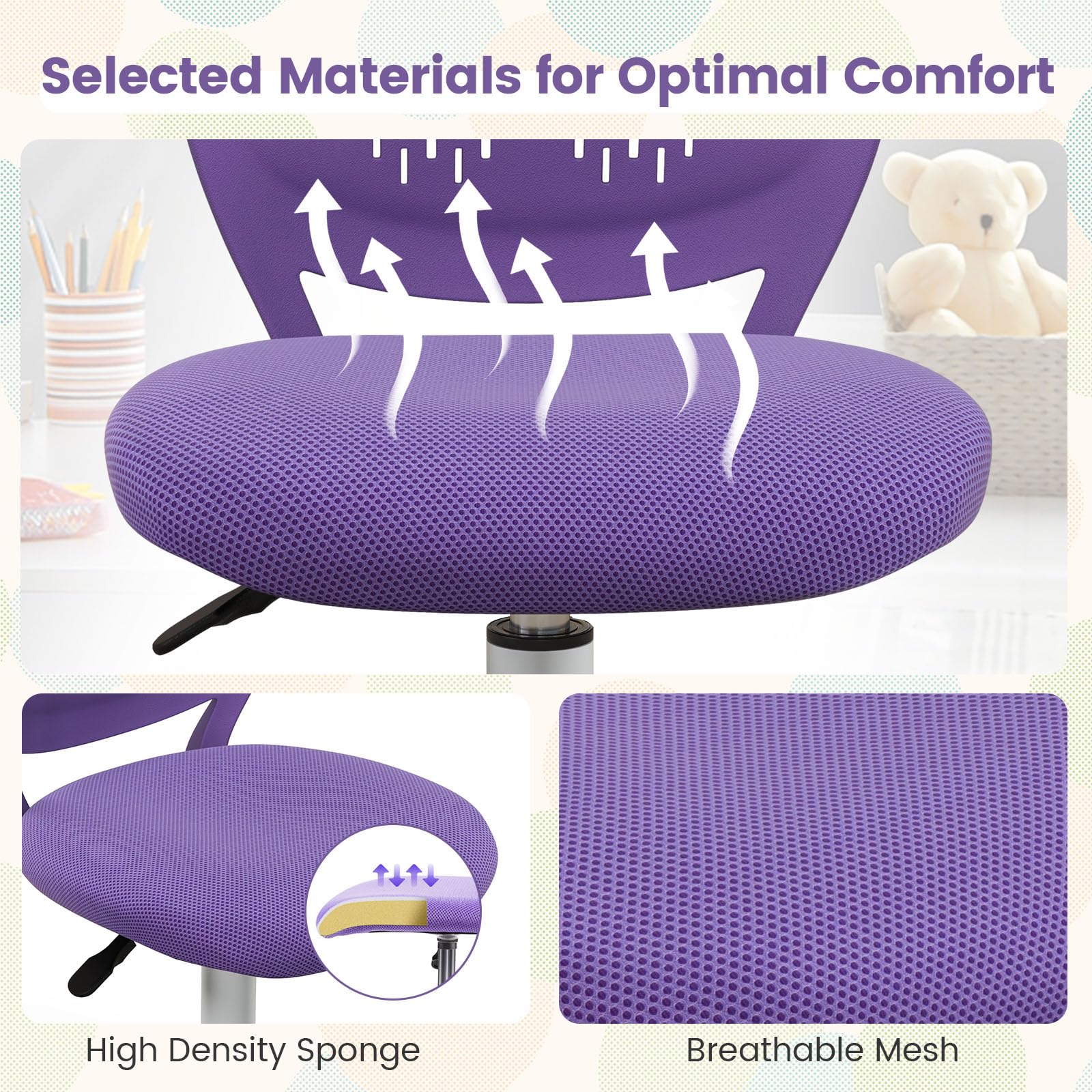 Topment Swivel Office Desk Chair - Ergonomic Armless Task Chair with Breathable Mesh Back & Upholstered Seat, Adjustable Height Computer Chair for Home Office, Study Room, Gaming & Workspace (Purple) - Perfect for Small Spaces, Kids Room & Long Working Hours