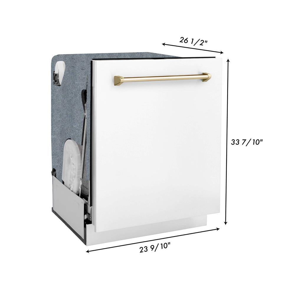 ZLINE Autograph Edition 30-inch Stainless Steel Dual Fuel Range with White Matte Door, Range Hood & Dishwasher - Polished Gold Accents (3AKP RAWMRHDWM30 G) | Premium Kitchen Package for Modern Homes & Gourmet Cooking