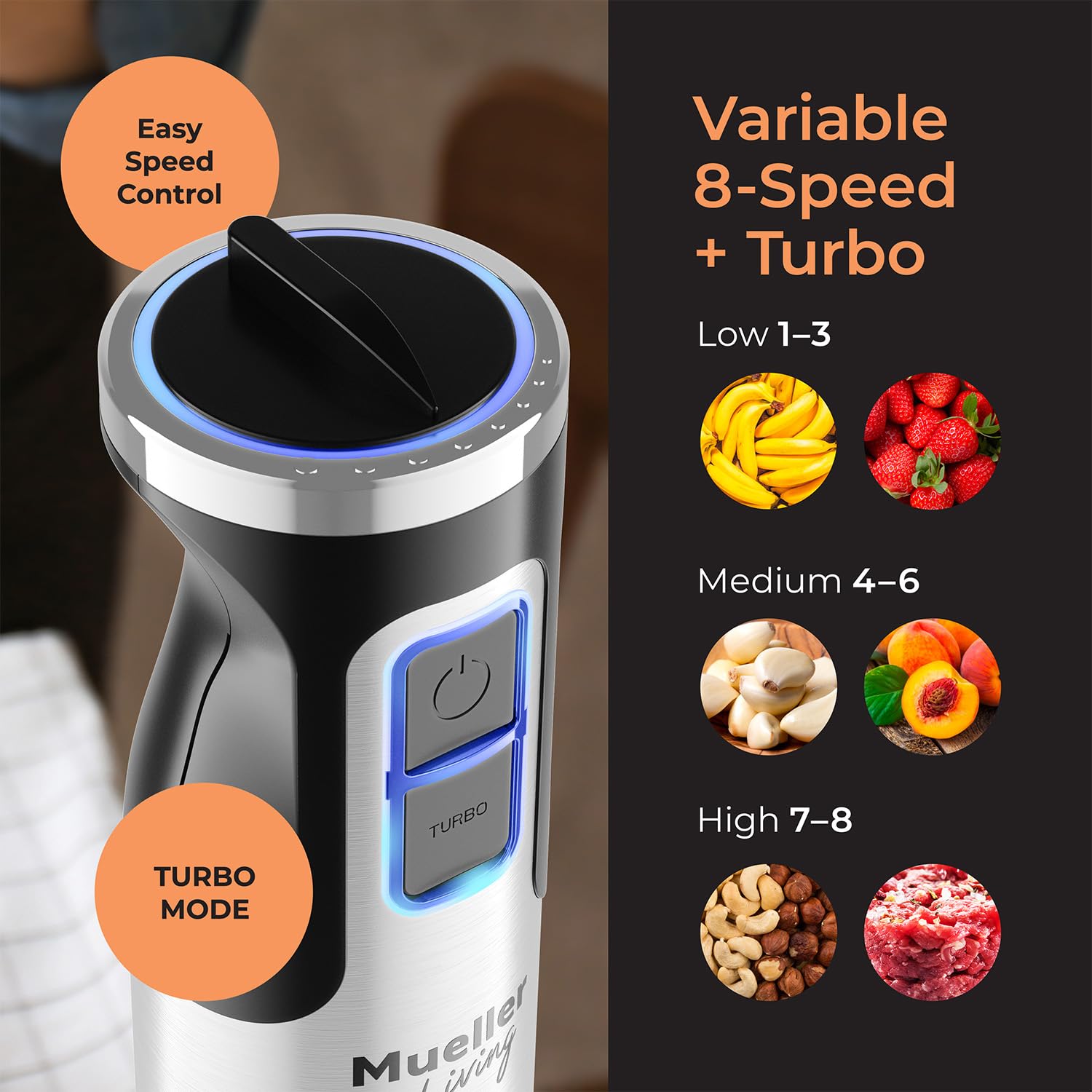 MuellerLiving Immersion Hand Blender Set - 8-Speed Electric Hand Mixer with 7 Attachments: Stainless Steel Blades, Whisk, Milk Frother, Beater, Mixing Hooks, Potato Masher & Chopper Bowl - Perfect for Smoothies, Soups, Baking & Kitchen Prep