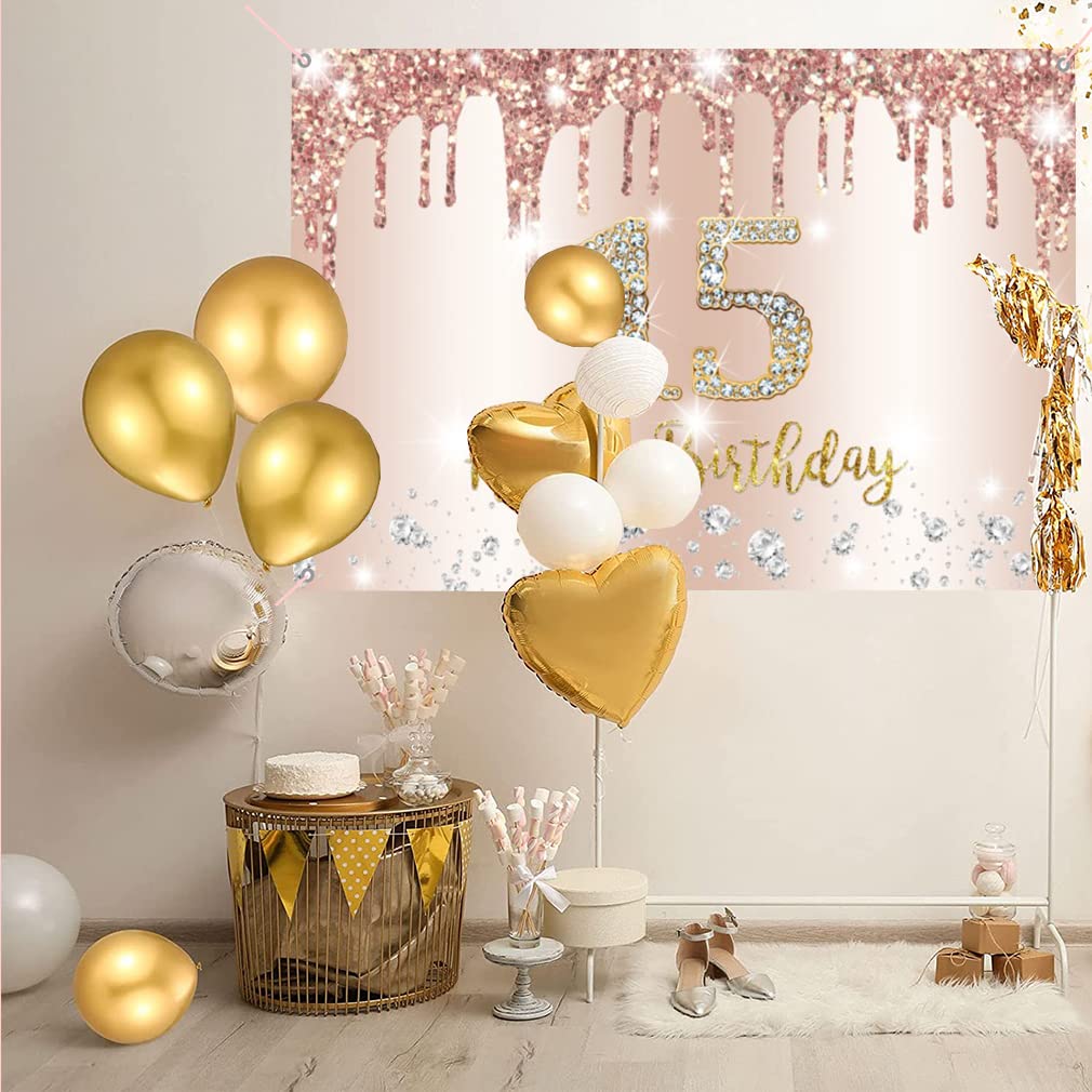 15th Birthday Decorations for Girls - Rose Gold Fabric Backdrop Banner, 59