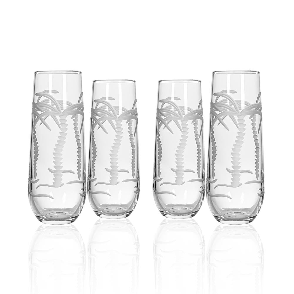 8.5oz Stemless Champagne Flutes - Set of 12 Palm Tree Design Wine Glasses for Pool Party, Wedding, Bridal Shower & Summer Celebrations