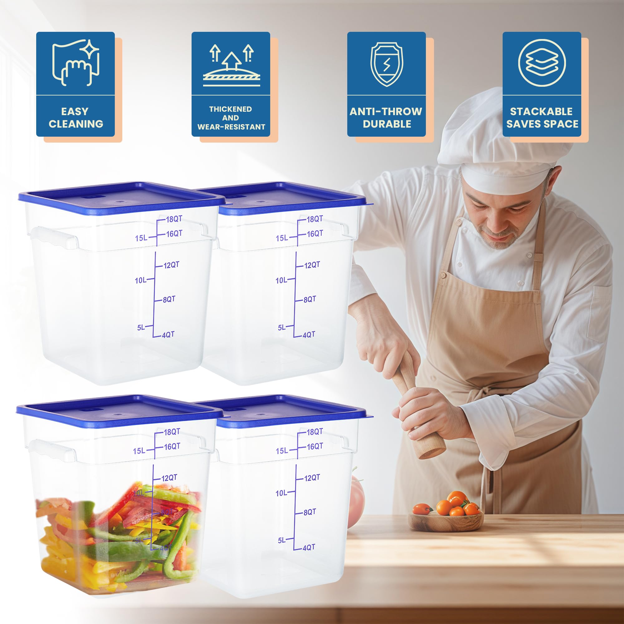 4 Pack 18QT Square Clear Polycarbonate Food Storage Containers with Lids & Measurement Scales - Commercial Grade, BPA-Free, Stackable for Kitchen, Restaurant, Meal Prep & Bulk Food Organization