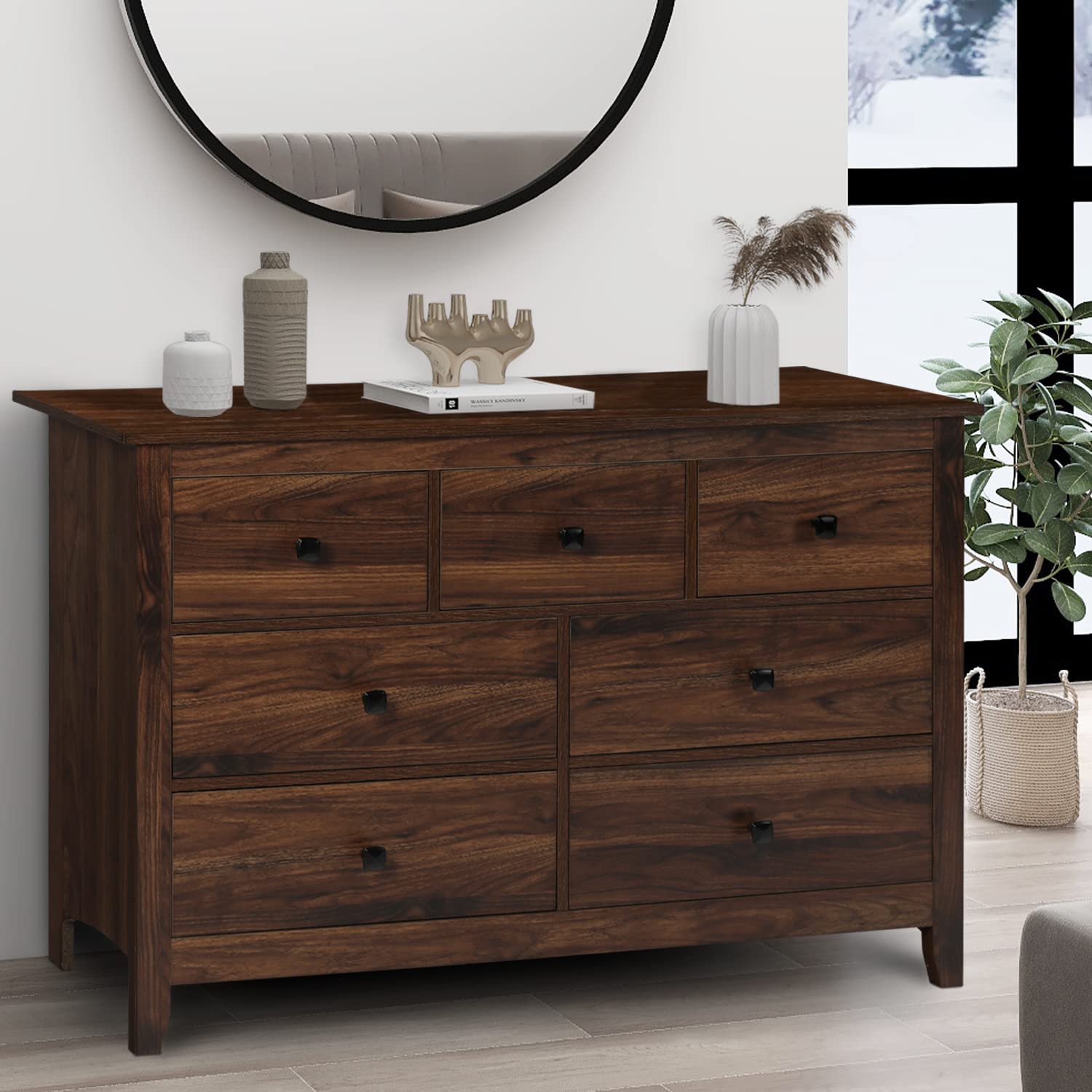 Vikiullf 3-Piece Bedroom Set - 7-Drawer Dresser & 2 Nightstands, Solid Wood Double Dresser in Brown | Perfect for Master Bedroom, Guest Room & Apartment Furniture