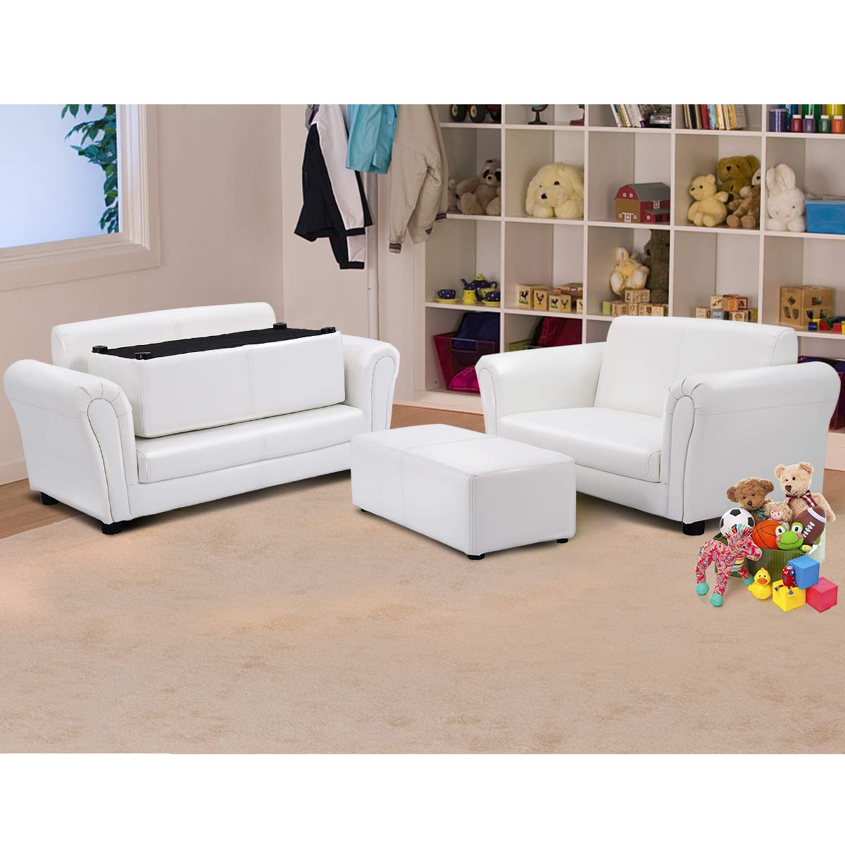 Costzon 2-in-1 Kids Couch with Footstool - PU Leather Children's Sofa with Armrests, Soft Toddler Lounge Chair for Boys & Girls - Perfect for Preschool Bedroom, Playroom & Birthday Gifts (White)