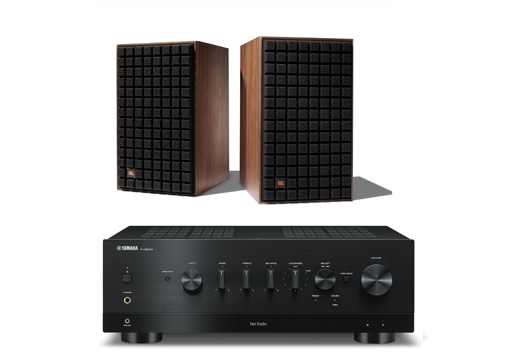 JBL L82 Classic 8 Inch 2-Way Bookshelf Speakers Pair with Yamaha R-N800A Stereo Network Receiver Bundle - Perfect for Home Theater & Music Listening