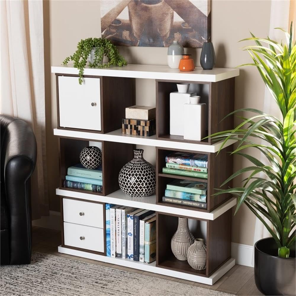 BOWERY HILL Modern Two-Tone White & Walnut 2-Drawer Bookcase - Stylish Storage for Home Office, Living Room & Bedroom