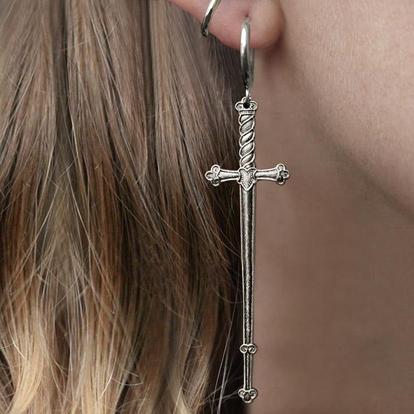 MERCY Silver Sword Hoop Earrings for Women - Gothic Punk Jewelry for Everyday Wear, Cosplay & Costume Accessories
