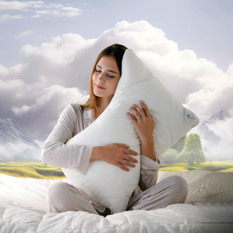 Sleep & Beyond myTraining 100% Natural Wool Filled & Cotton Sateen Quilted Pillow Case - All Seasons Support for Neck, Shoulders & Spine - Lightweight, Washable Queen Size Pillow (Ivory) - Perfect for Home, Office & Travel Comfort