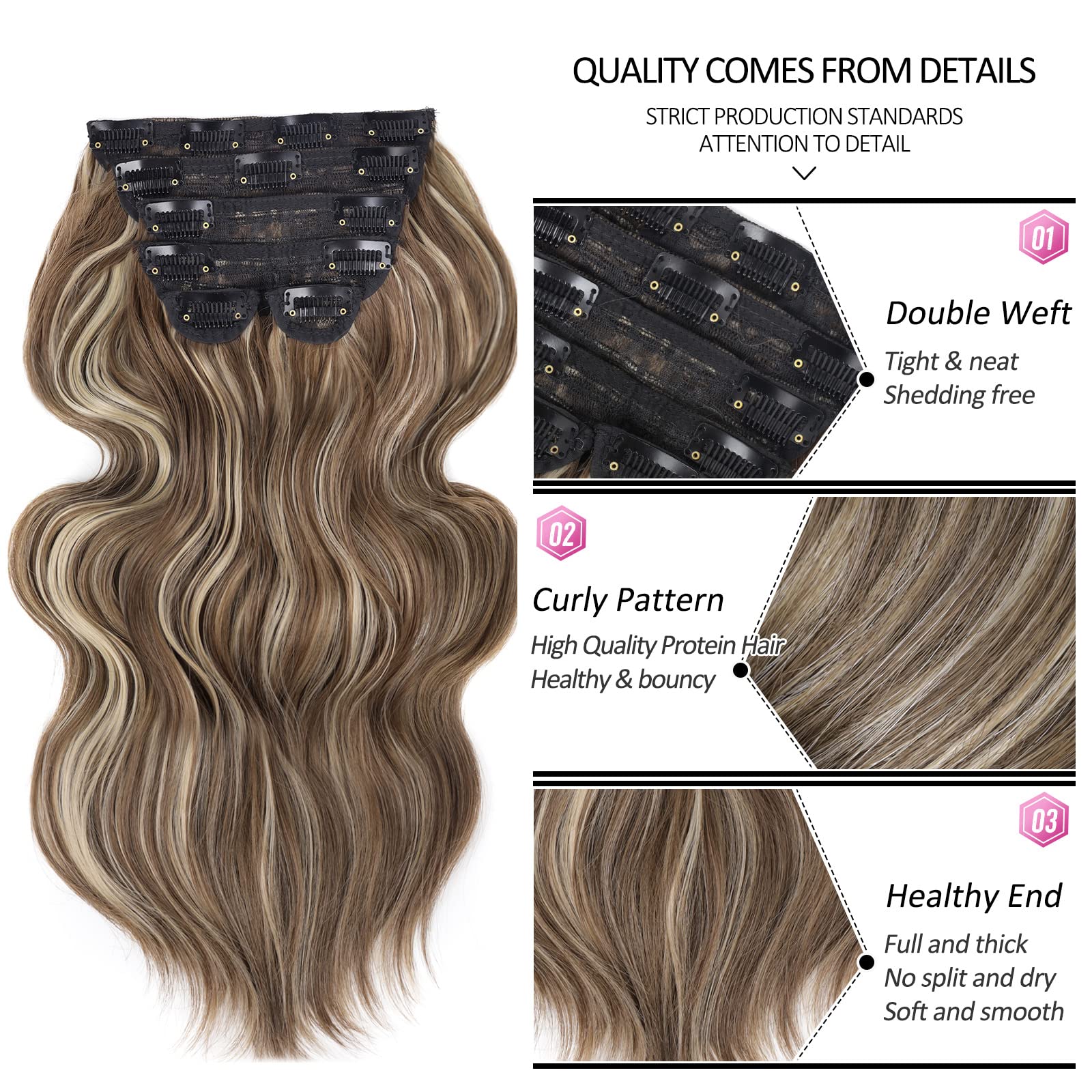 20 Inch Wavy Clip-in Hair Extensions for Women - 6pcs Double Weft Synthetic Hair Piece, Thick Long Curly Hair Extensions (Brown Mixed Ash Blonde) - Perfect for Parties, Weddings & Daily Styling