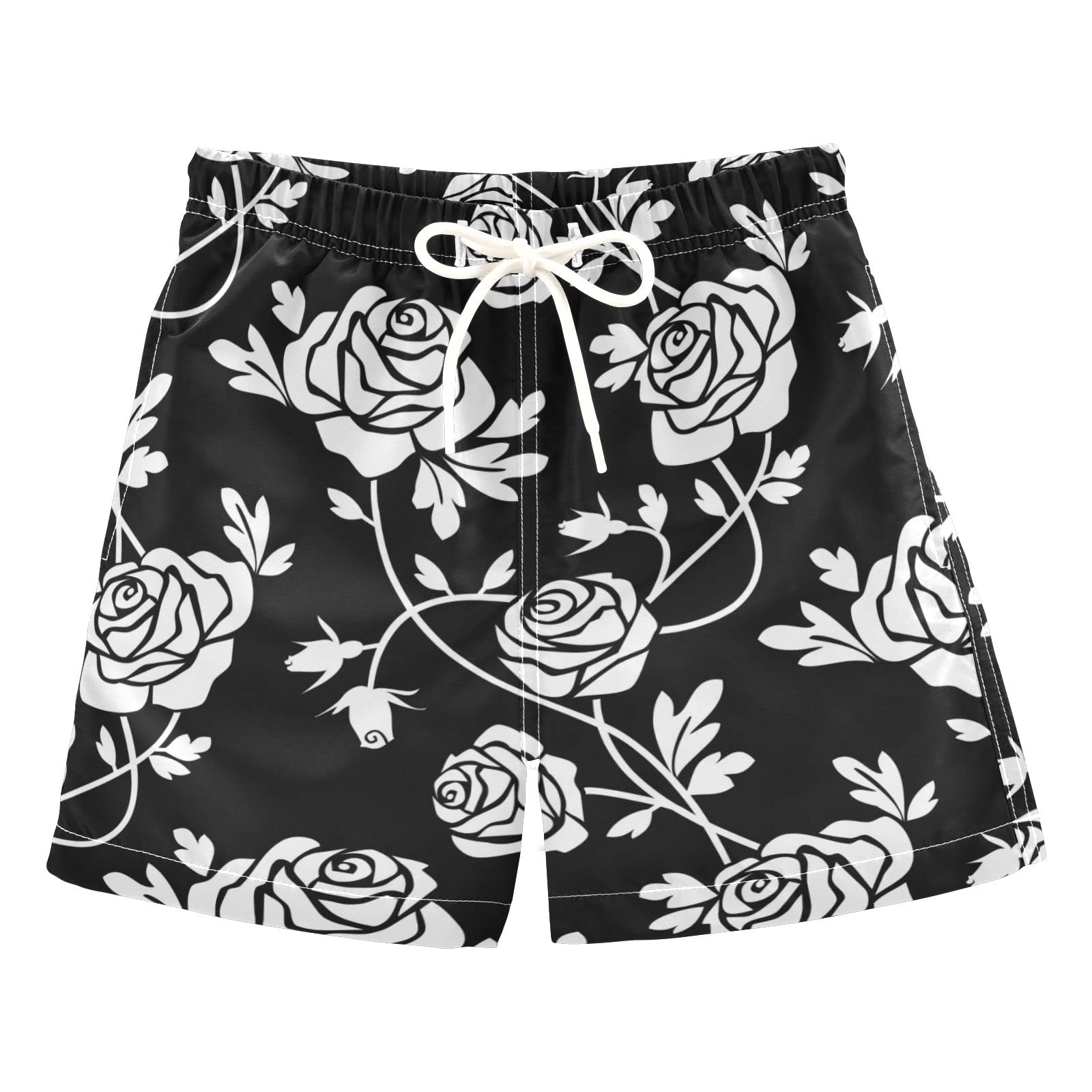**Boys' Quick-Dry Swim Trunks with White Roses on Black - Adjustable Waist & Mesh Lining for Beach, Pool & Summer Activities**
